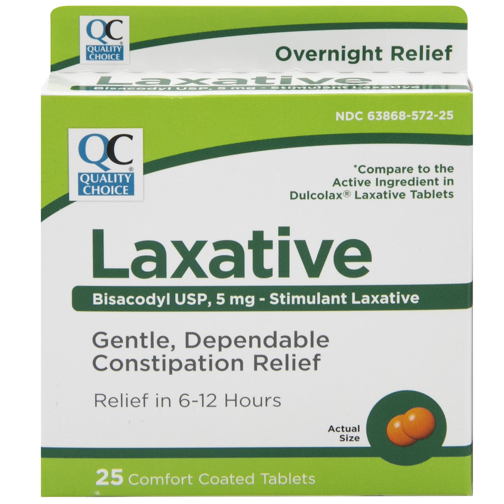 Quality Choice Bisacodyl 5 mg tablettes confort, boîte prête, soulagement potentiel nocturne.