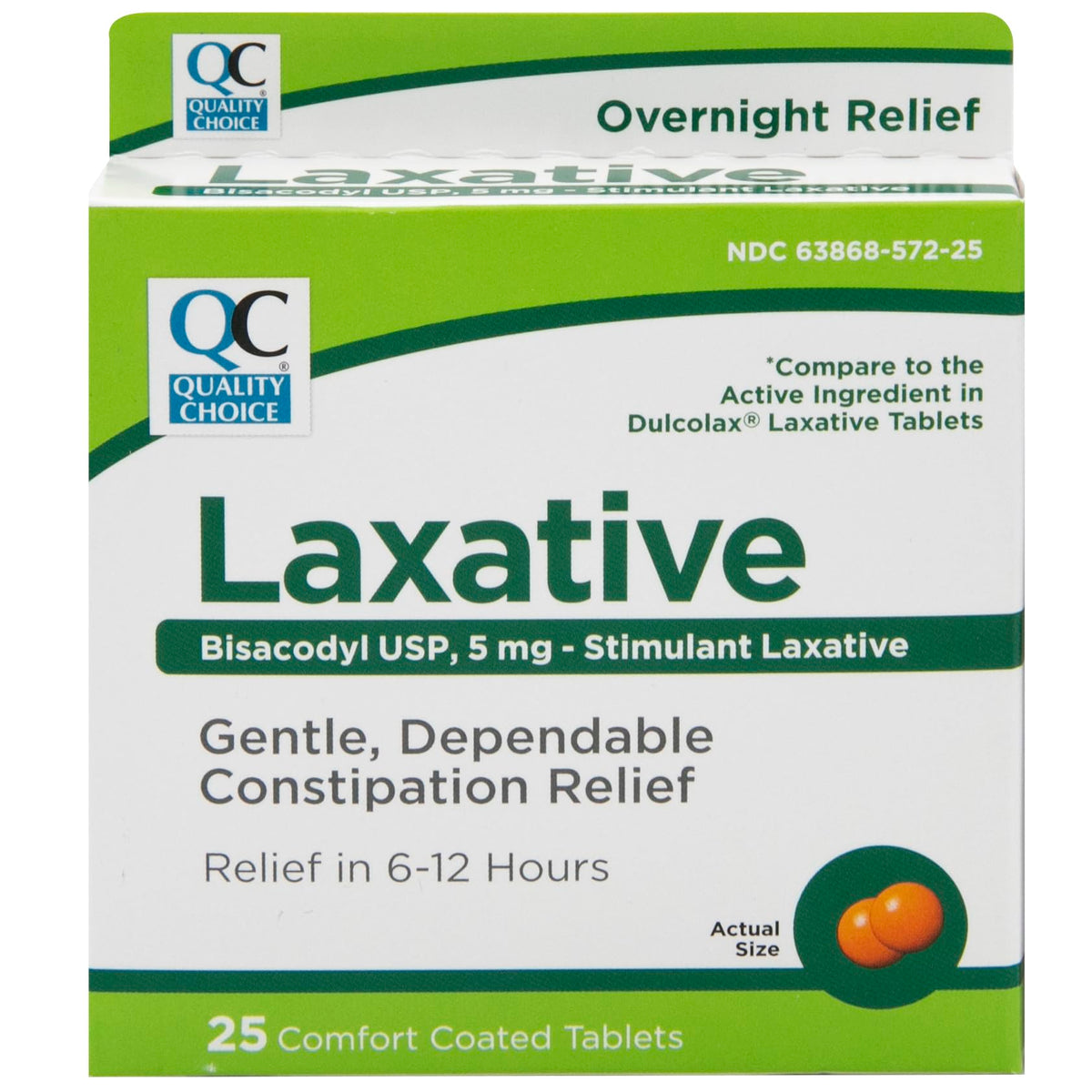 Quality Choice Bisacodyl 5 mg tablettes confort, boîte prête, soulagement potentiel nocturne.