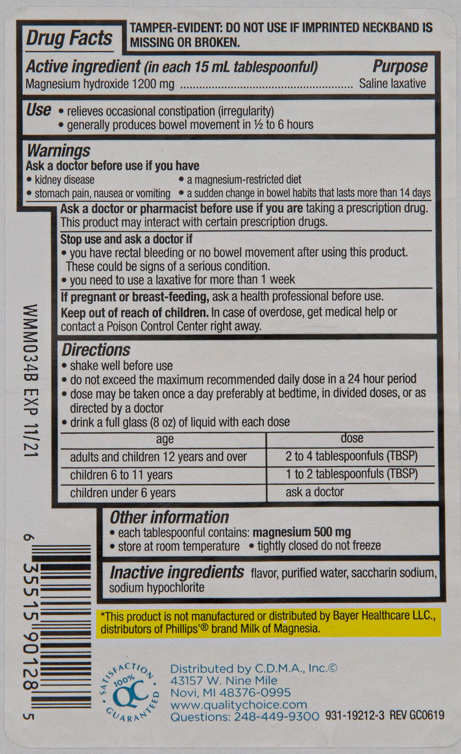 Quality Choice Lait de Magnésie Menthe avec doseur, facilité d’utilisation en soirée.