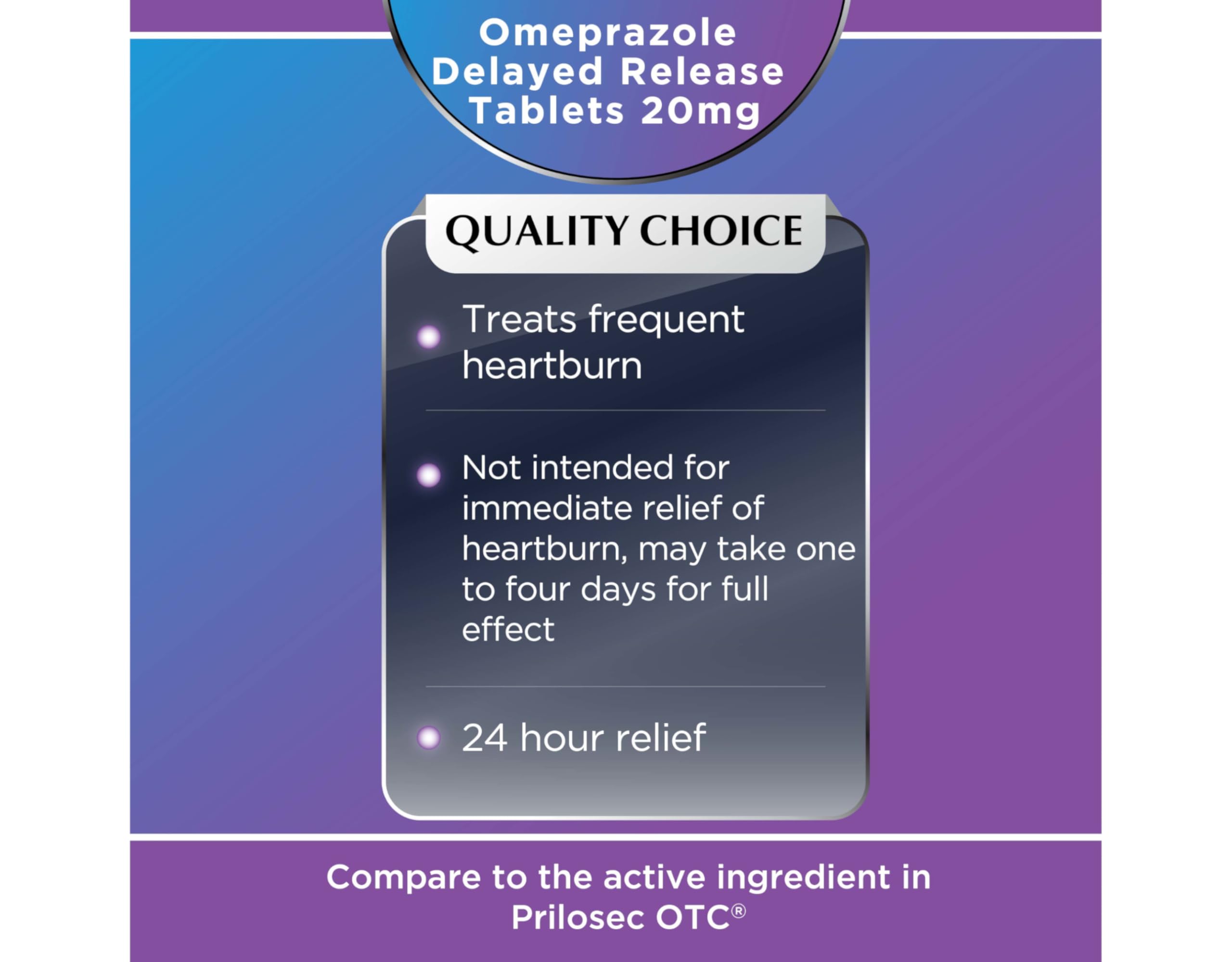 Quality Choice Omeprazole, ingrédient actif oméprazole, réduction potentielle de l'acide gastrique.