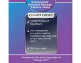 Quality Choice Omeprazole, ingrédient actif oméprazole, réduction potentielle de l'acide gastrique.