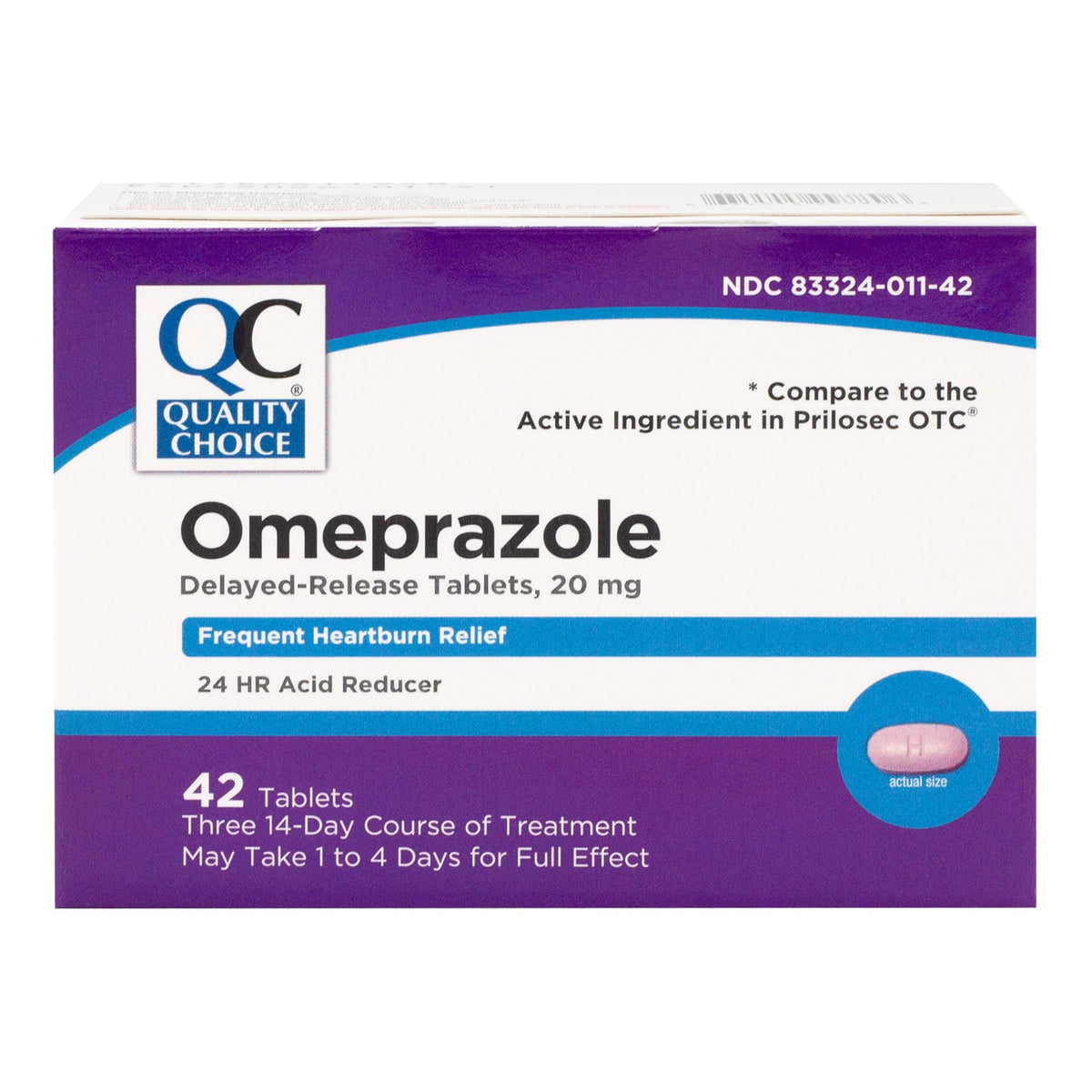 Quality Choice Omeprazole tablettes 20 mg en boîte, 42 comprimés, réduction potentielle des brûlures digestives.