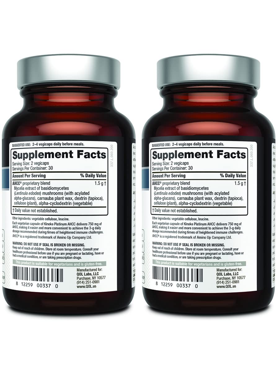 Quality de Vie AHCC Kinoko Platinum 750 mg, capsules véganes faciles à avaler.