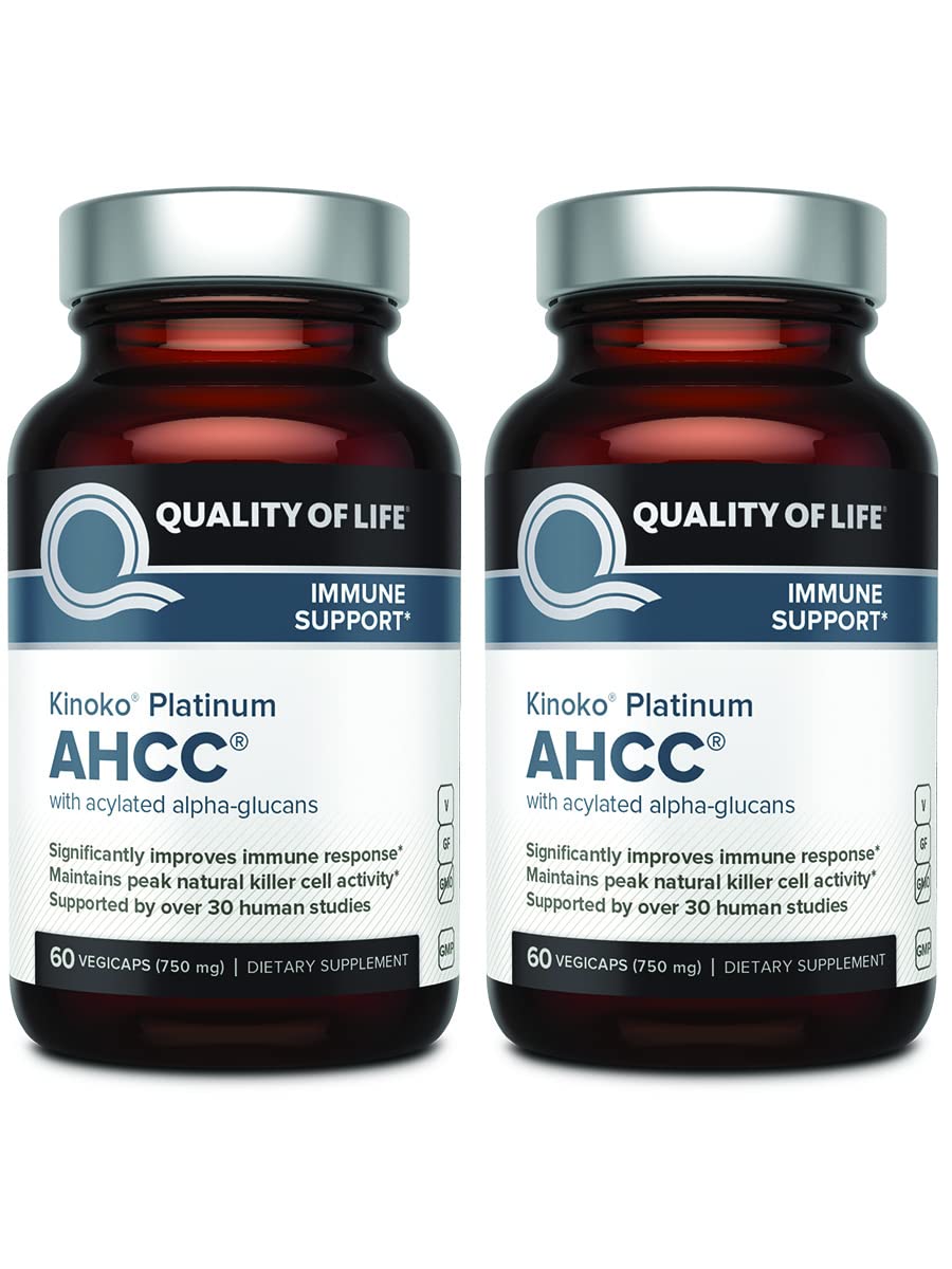 Quality de Vie AHCC Kinoko Platinum 750 mg, pack de deux bouteilles, soutien immunitaire potentiel.