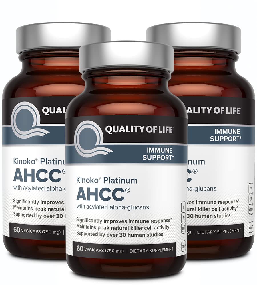 Quality of Life AHCC Kinoko Platinum 750 mg – bouteille soutenant les défenses naturelles.