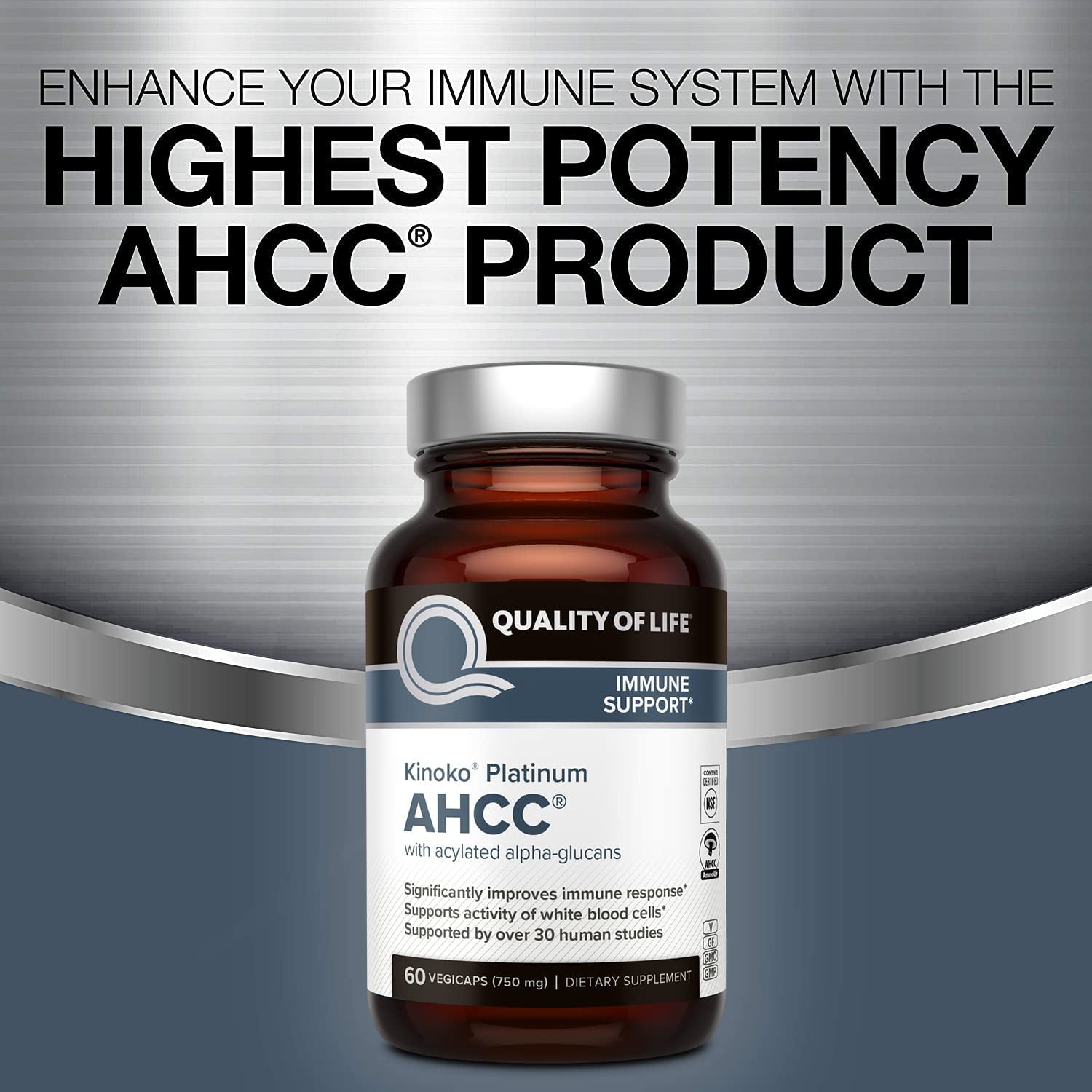 Quality of Life AHCC Kinoko Platinum 750 mg – capsule végétale facile à prendre.