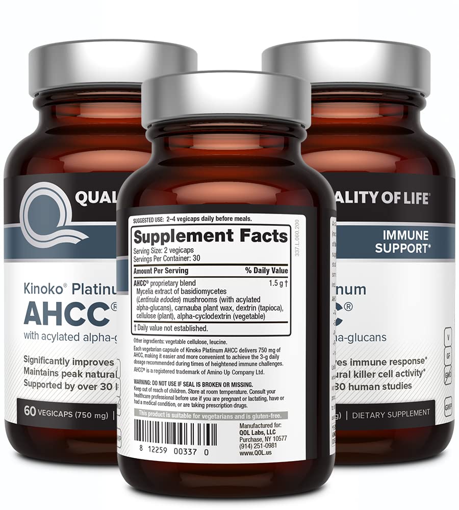 Quality of Life AHCC Kinoko Platinum 750 mg – étiquette claire et utilisation quotidienne.