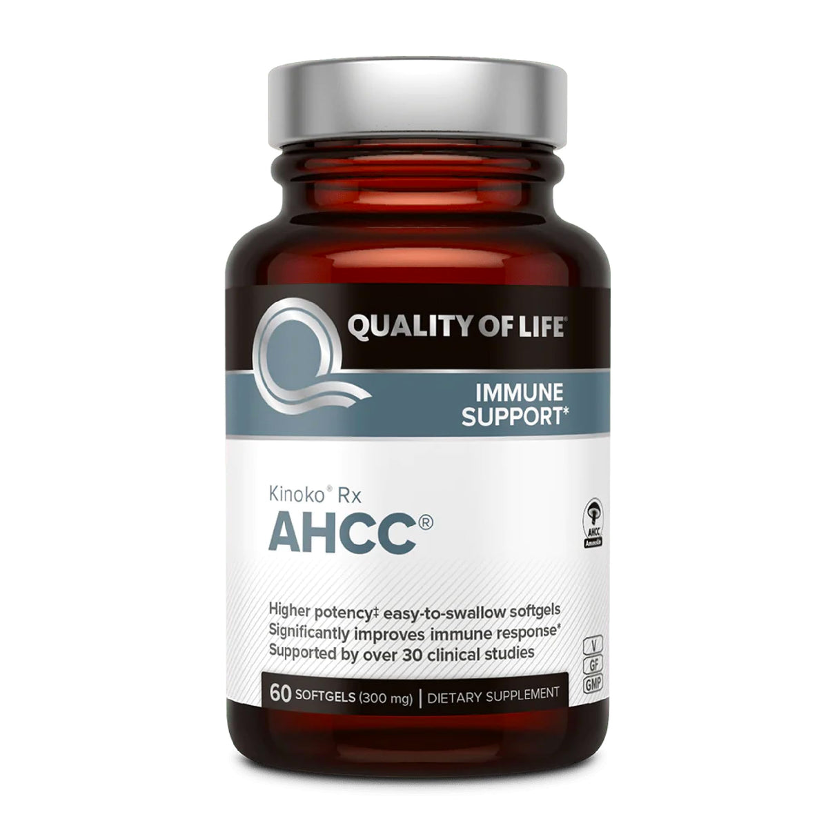 Quality of Life AHCC Rx - Bouteille pilules: soutien potentiel pour le système immunitaire au quotidien.