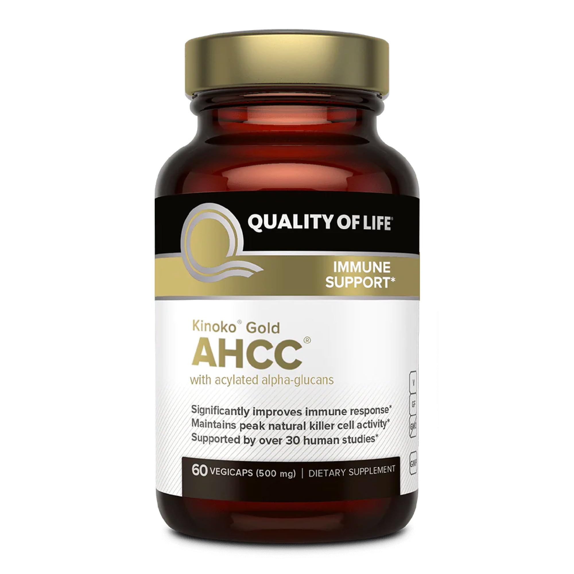 Kinoko Gold AHCC – bouteille montrant le format, soutien potentiel à la routine immunitaire.
