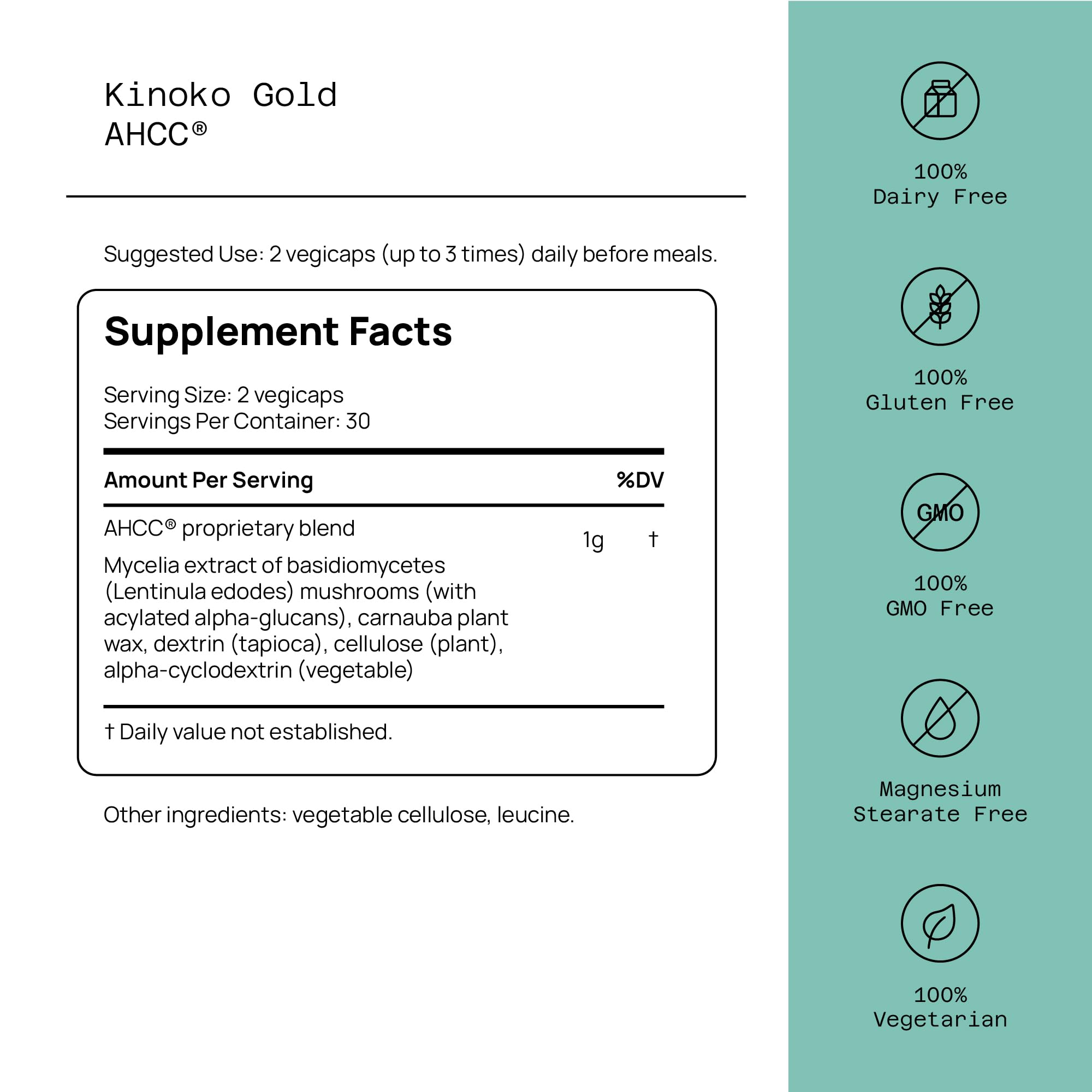 Étiquette Kinoko Gold AHCC affichant les détails produit et l’authenticité.