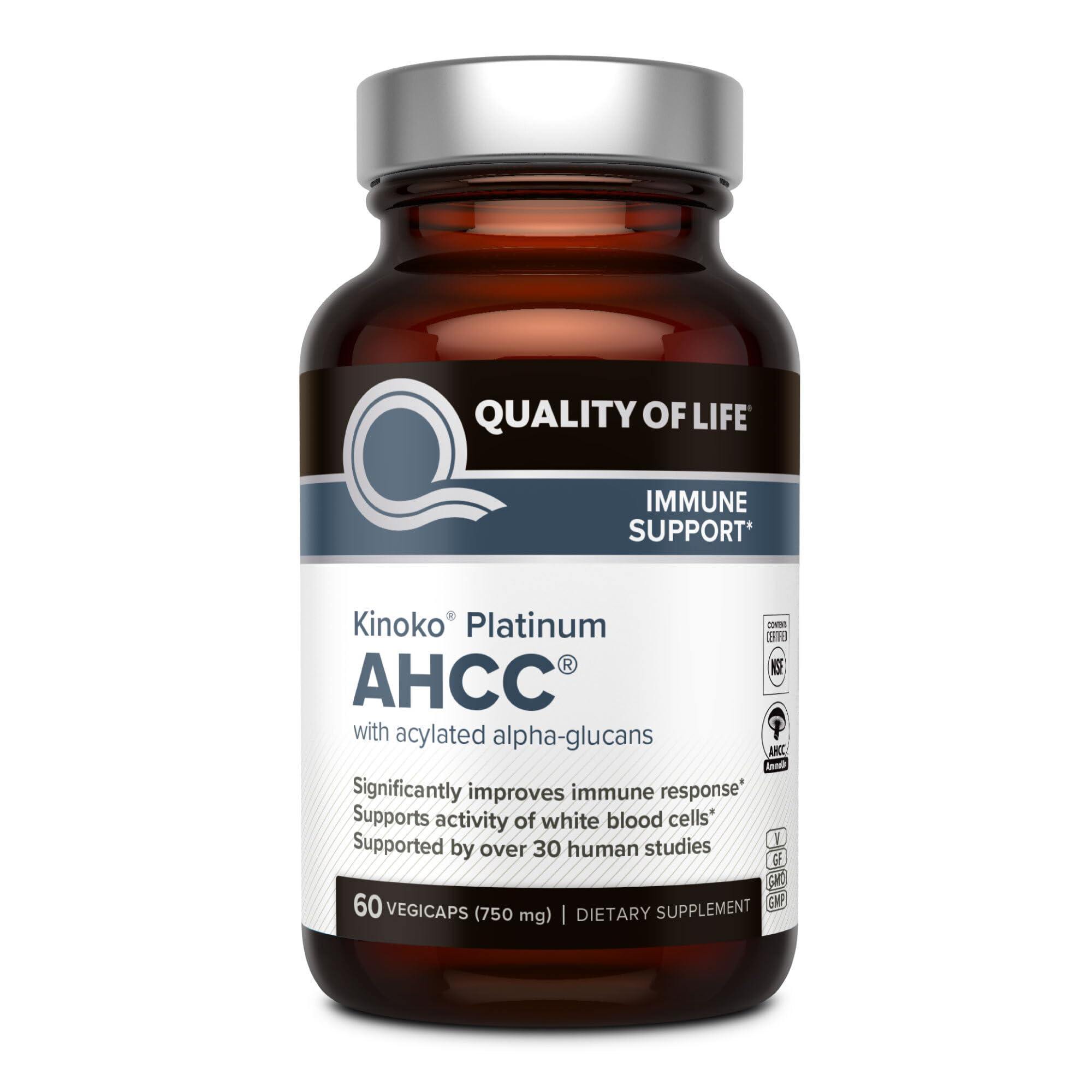 Quality of Life Kinoko Platinum AHCC, bouteille, soutien potentiel du système immunitaire au quotidien.