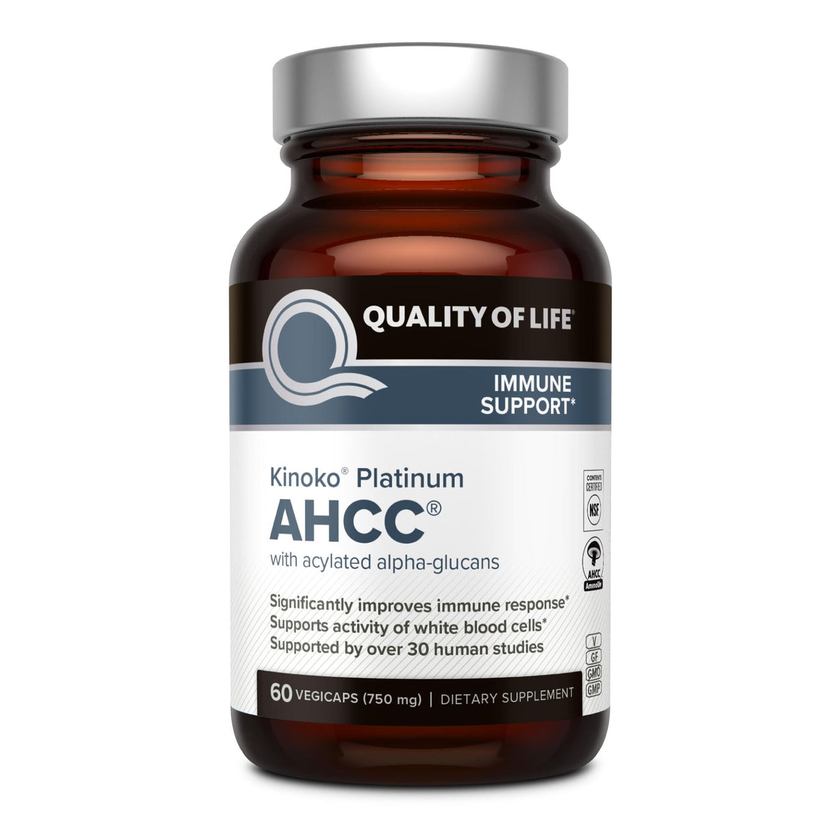 Quality of Life Kinoko Platinum AHCC, bouteille, soutien potentiel du système immunitaire au quotidien.