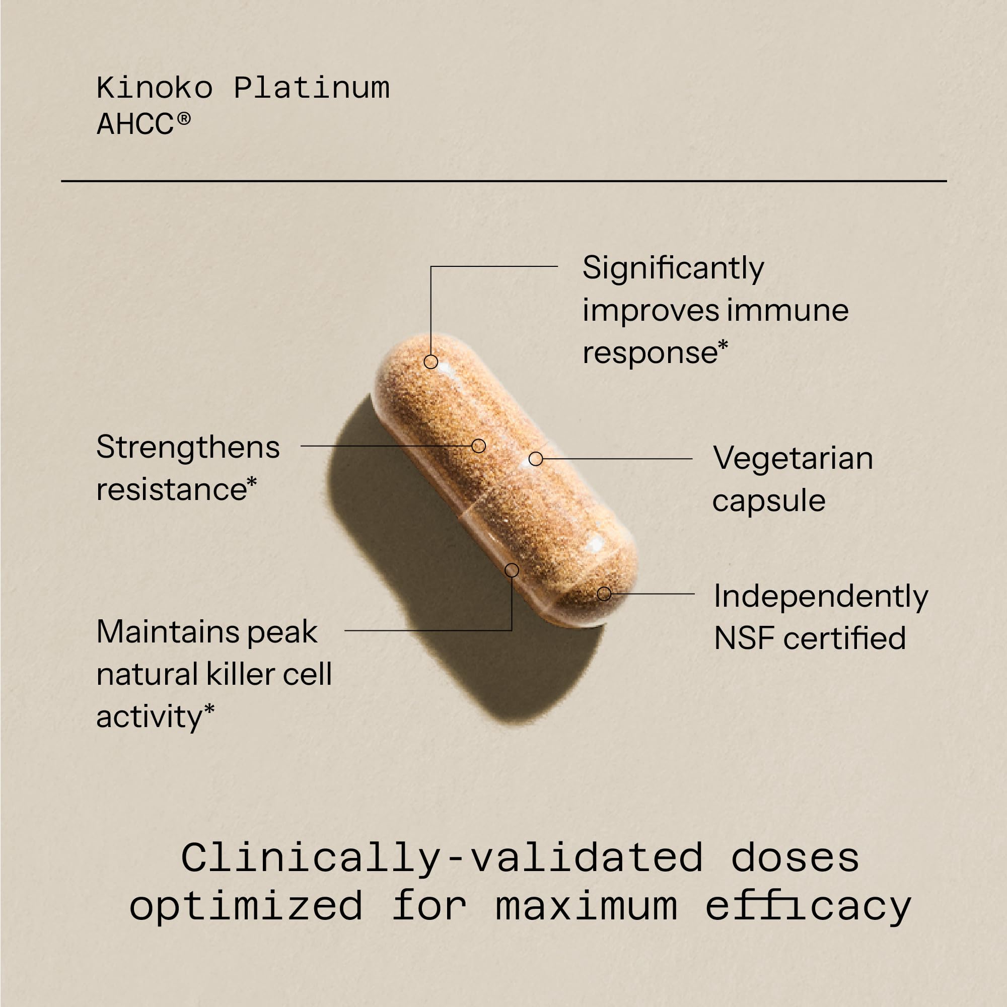 Quality of Life Kinoko Platinum AHCC, vue rapprochée des capsules pour inspection de la texture.