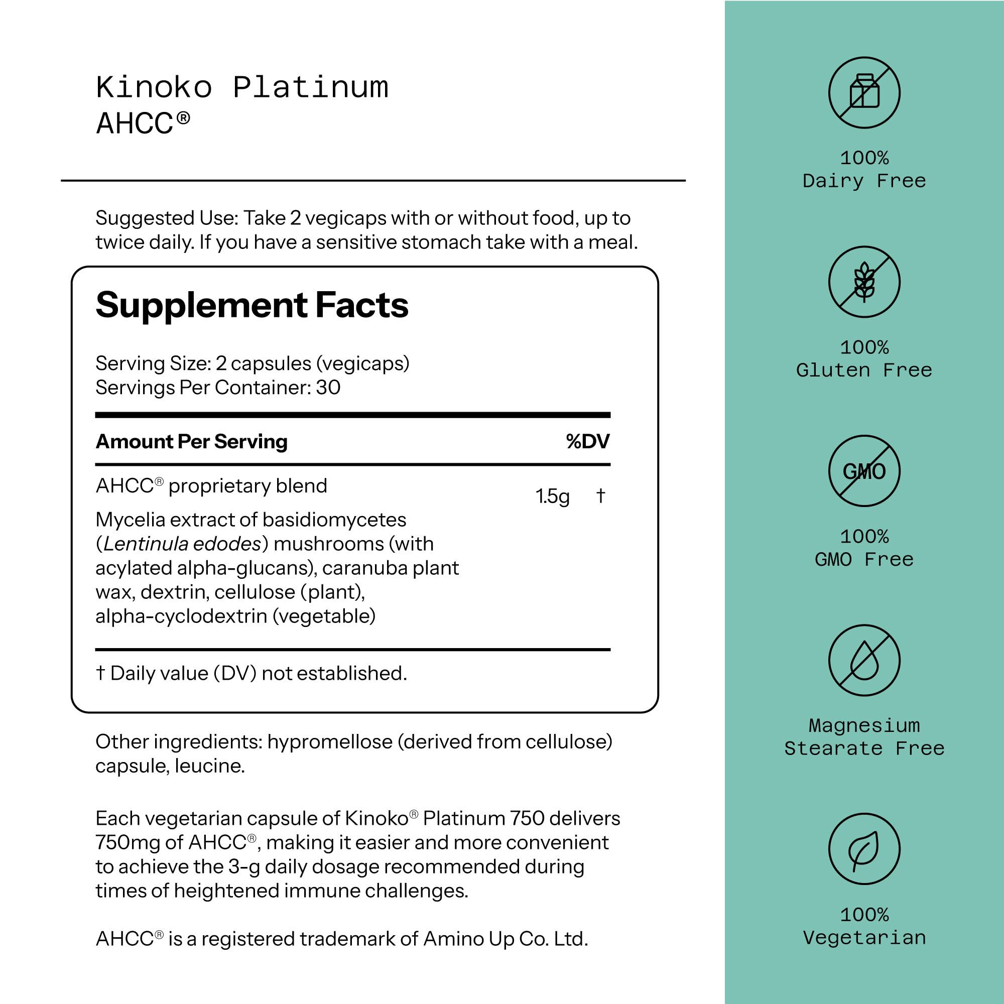 Quality of Life Kinoko Platinum AHCC, capsules, concentration 750 mg pour une utilisation pratique.