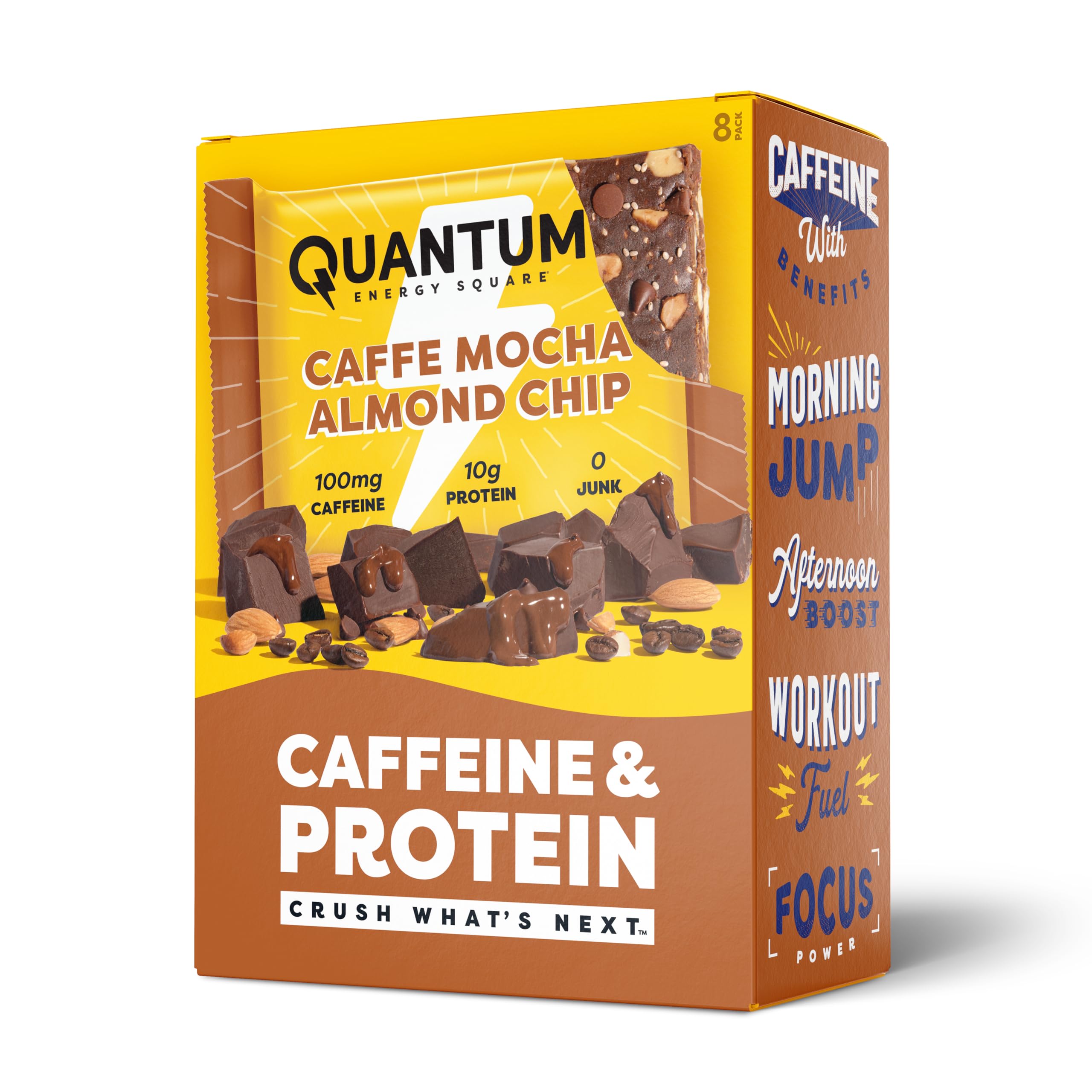 Quantum Energy Squares barre cafe mocha amande, énergie durable et protéines végétales.