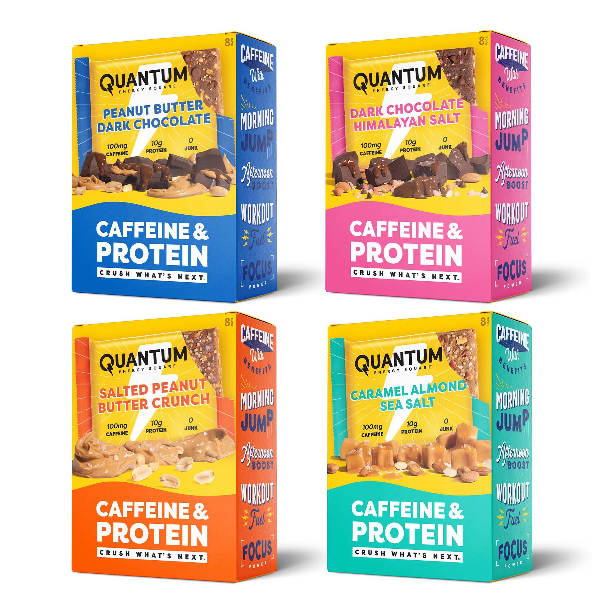 Barre Quantum Energy Squares : caféine naturelle et protéines pour un coup de boost en déplacement.