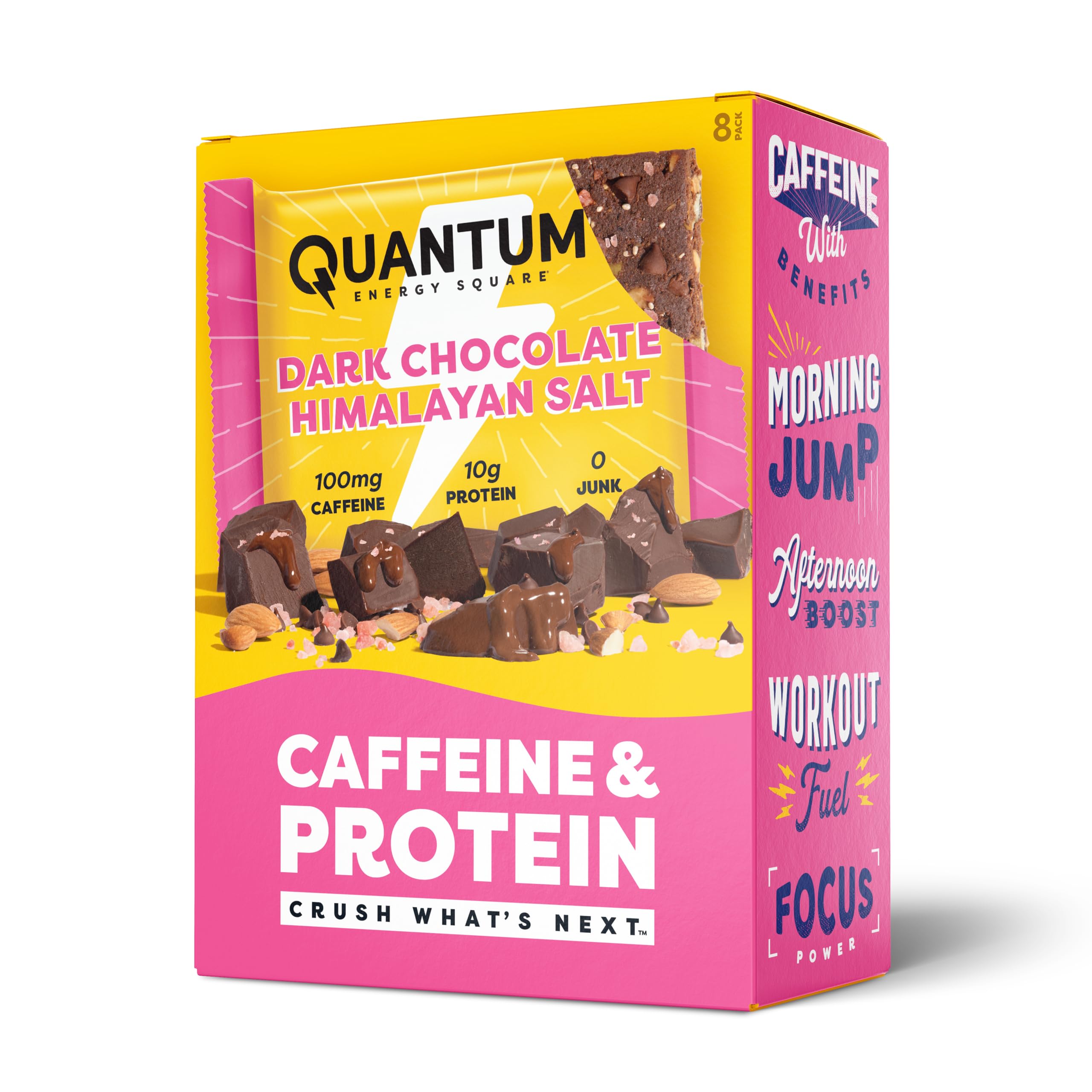 Barre Quantum Energy Squares chocolat noir avec sel rose Himalaya, goût riche et équilibre