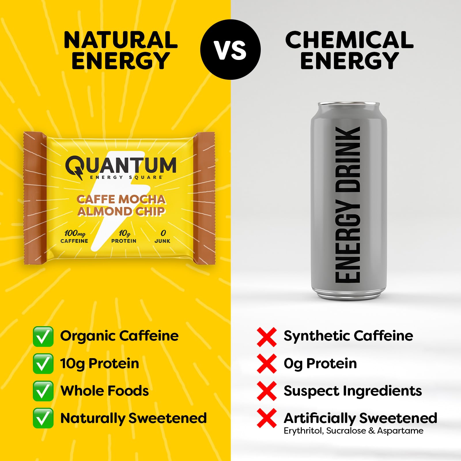 Quantum Energy Squares étiquette végane et sans gluten.