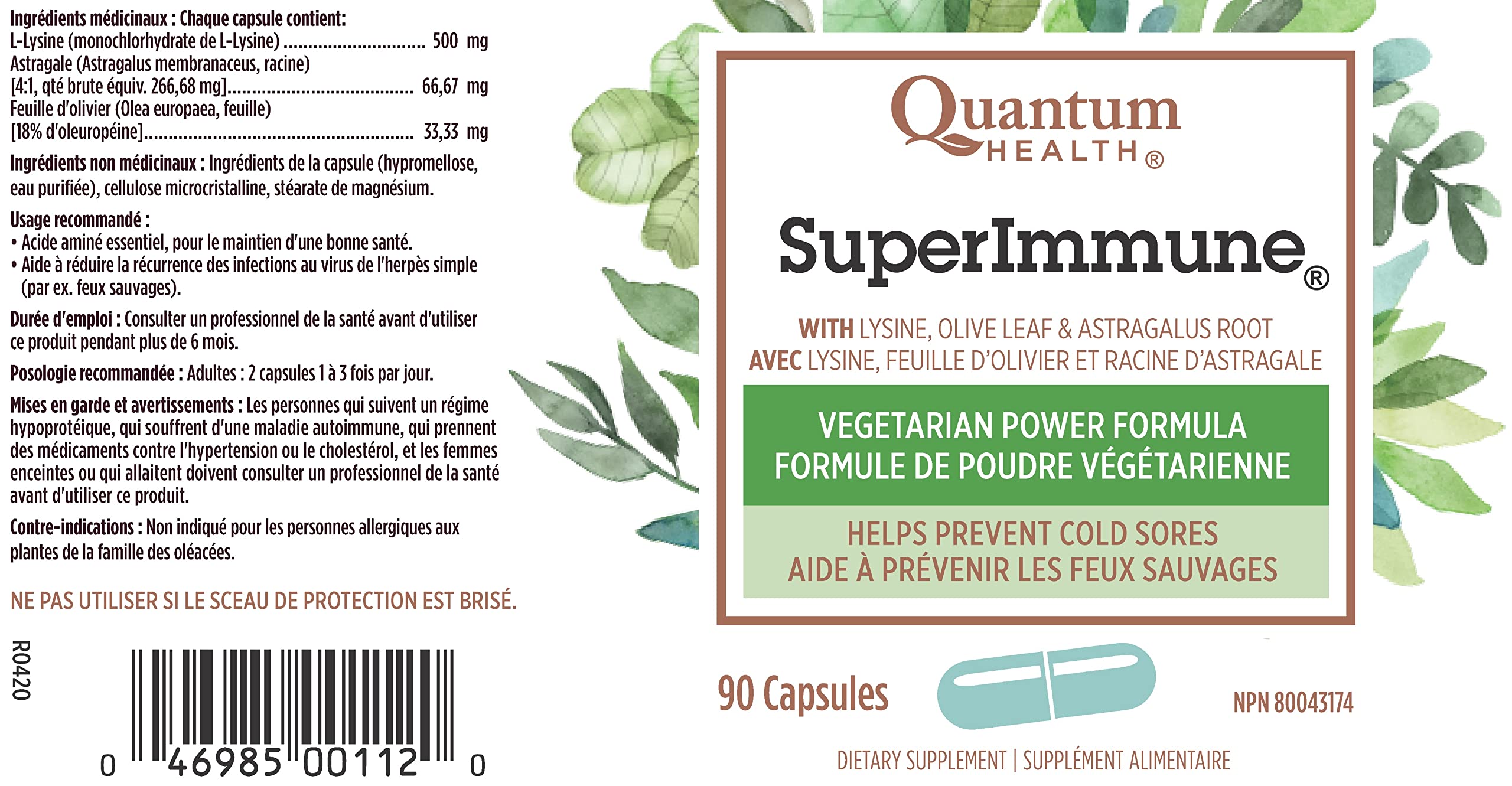Quantum Health Super Immunité+ - Ingrédients clés comme lysine et feuilles d’olivier.