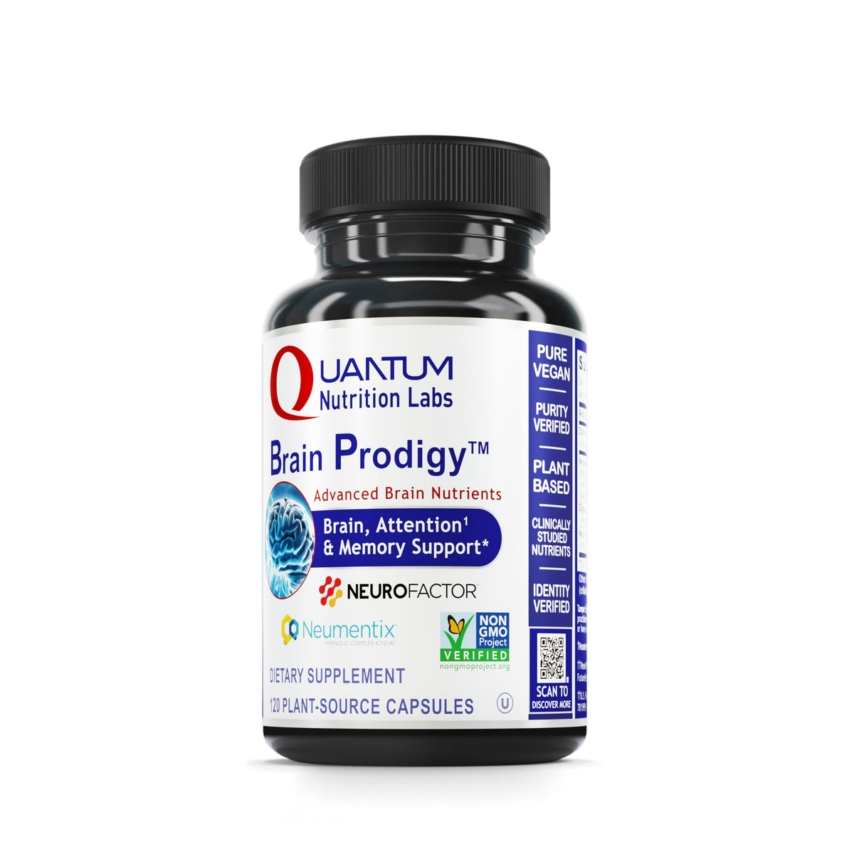 Brain Prodigy de Quantum Nutrition : bouteille de capsules végétariennes pour soutien mémoire.