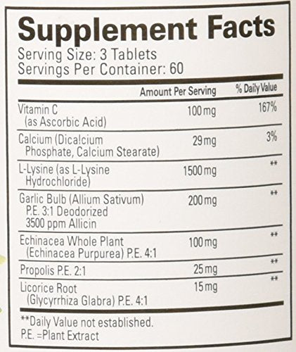 Quantum Super Lysine 180 panneau nutritionnel: contient vitamine C et nutriments utiles.