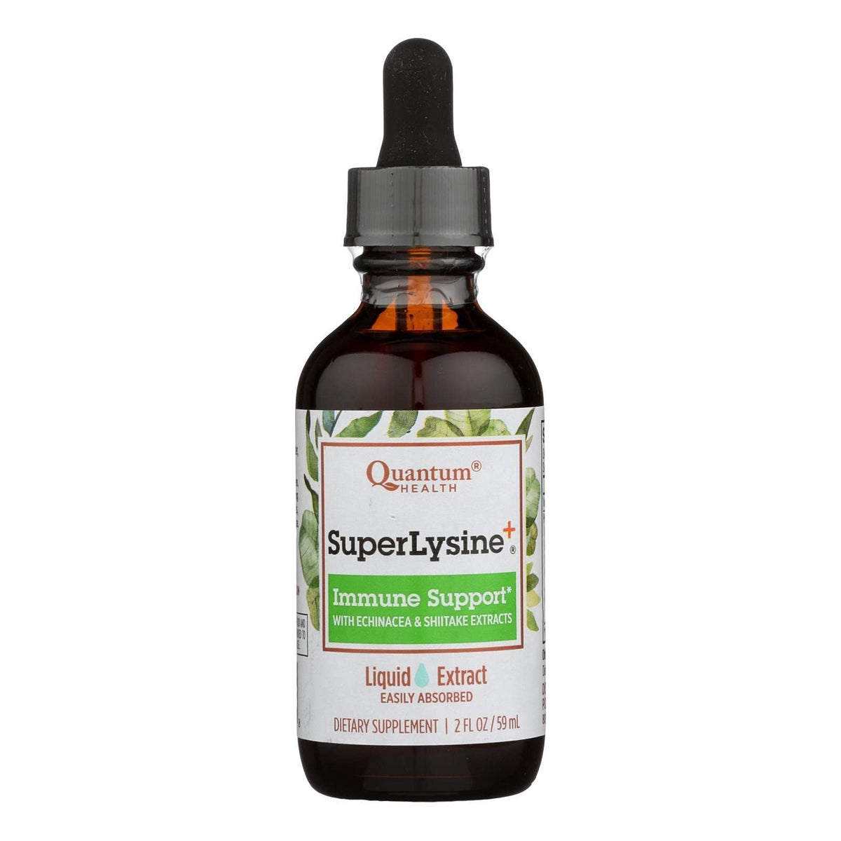 Quantum Super Lysine+ Liq — bouteille montrant l'étiquette, soutien potentiel au système immunitaire