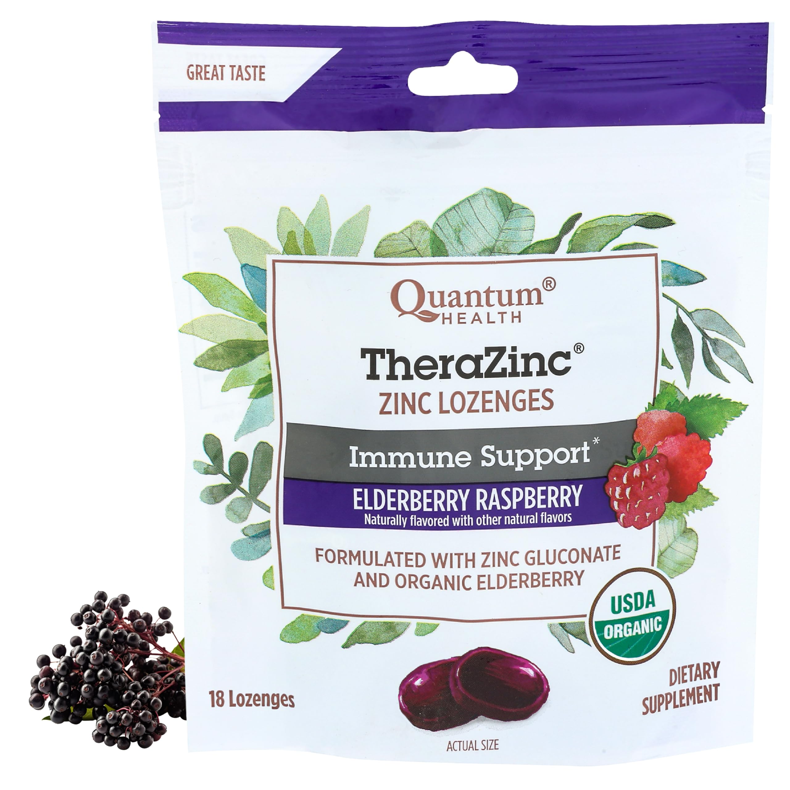 Quantum TheraZinc pastilles emballage bio, sans goût métallique, soutien immunitaire potentiel.
