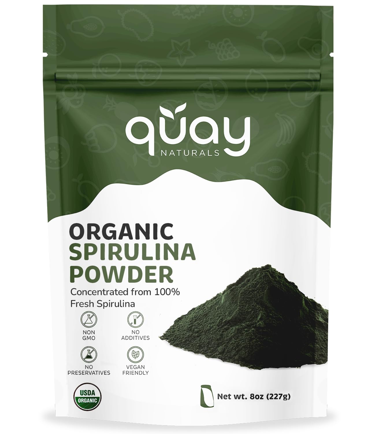 Quay Naturals Spiruline Bio en poudre dans la bouteille, source naturelle d'énergie végétale.