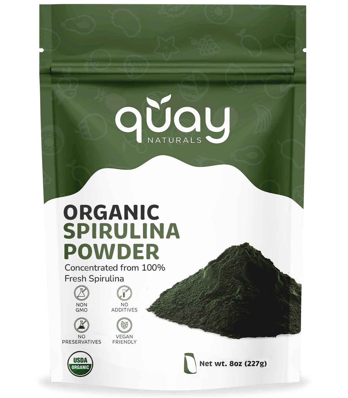 Quay Naturals Spiruline Bio en poudre dans la bouteille, source naturelle d'énergie végétale.