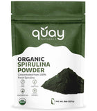 Quay Naturals Spiruline Bio en poudre dans la bouteille, source naturelle d'énergie végétale.