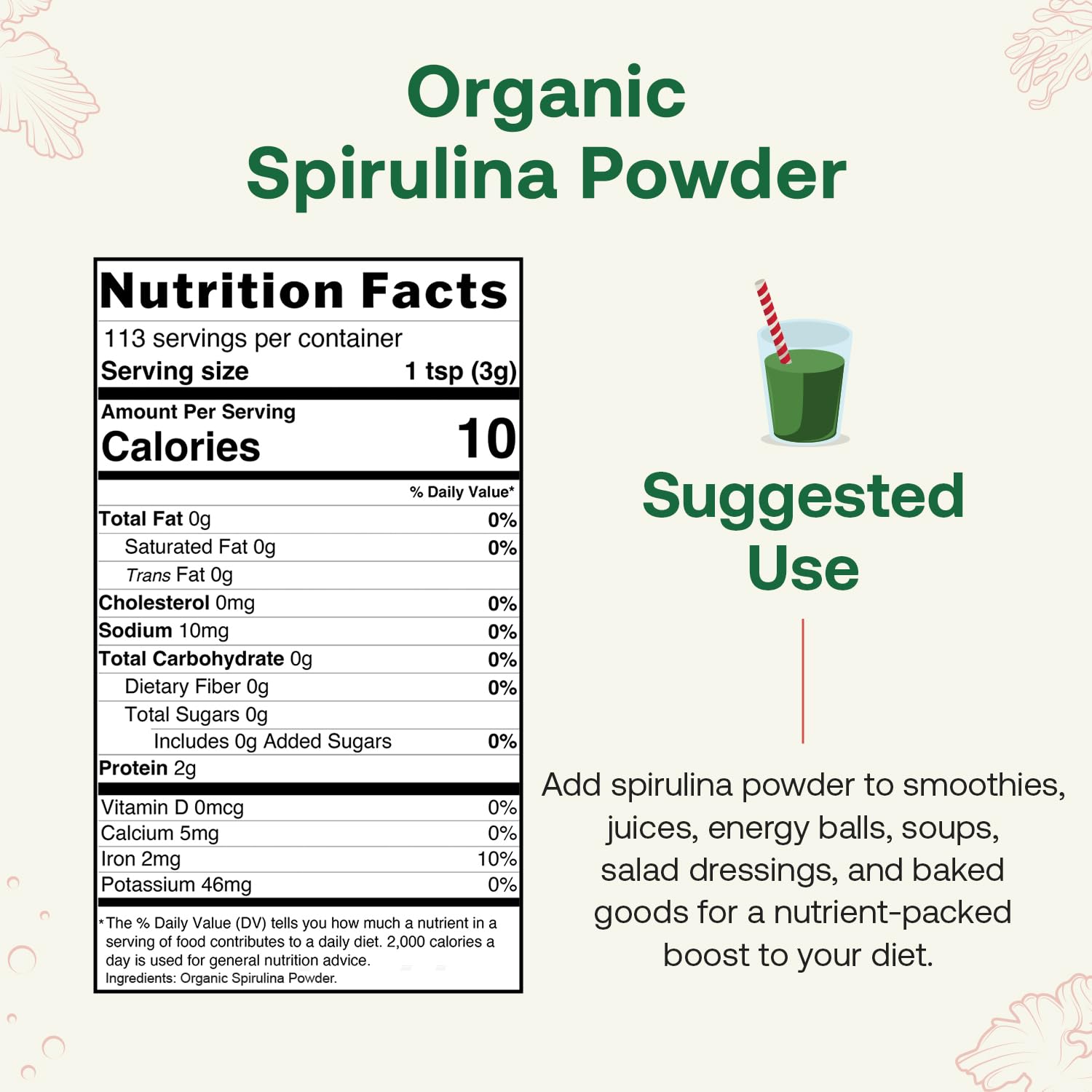 Poudre verte de spiruline bio prête à être ajoutée dans les smoothies Quay Naturals.