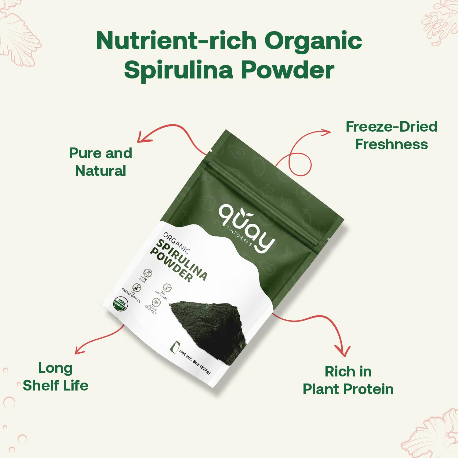 Smoothie vert contenant la spiruline bio de Quay Naturals, boisson nutritive.
