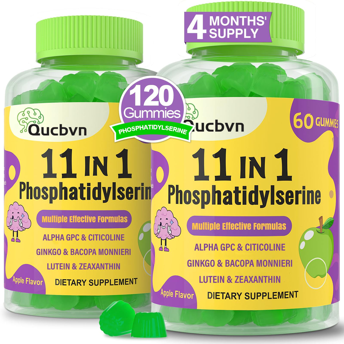 Gomme Qucbvn au goût pomme avec phosphatidylsérine 600 mg pour mémoire et concentration.
