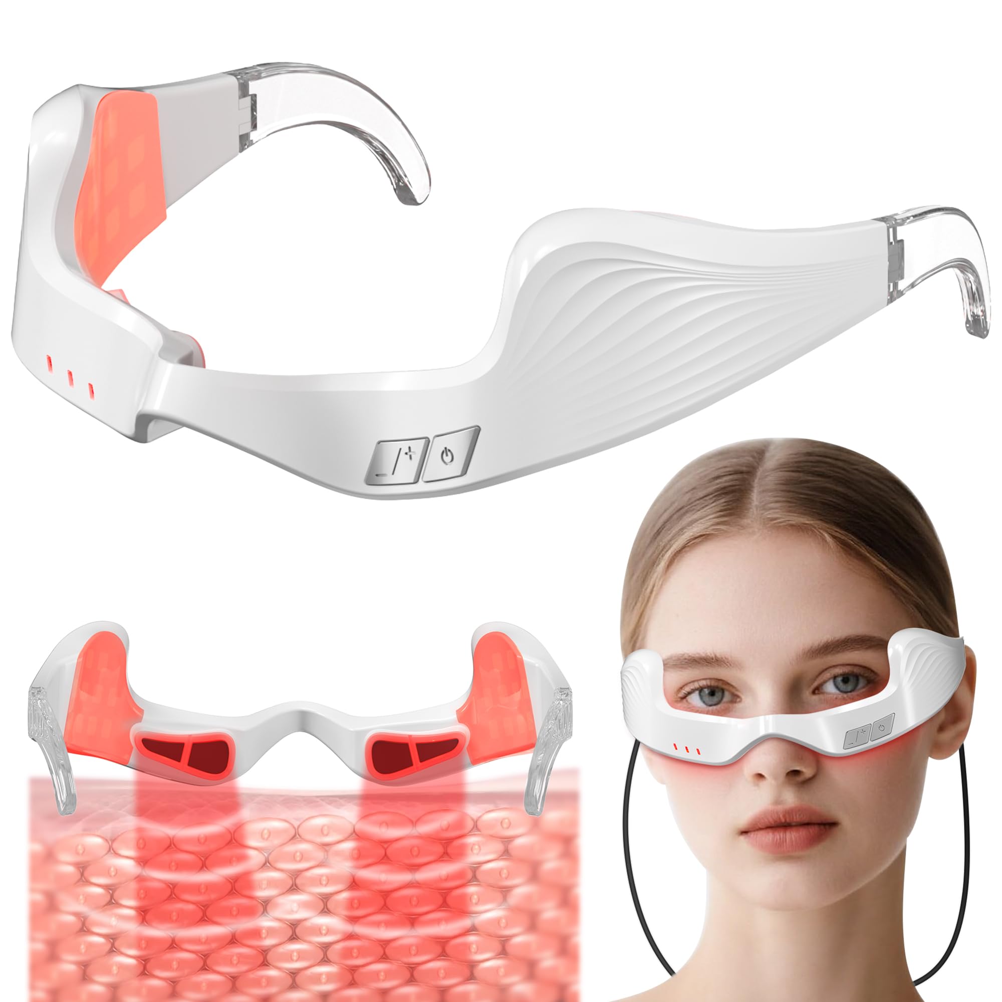 Lunettes Queleay thérapeutiques à 650 nm éclairant le contour des yeux.