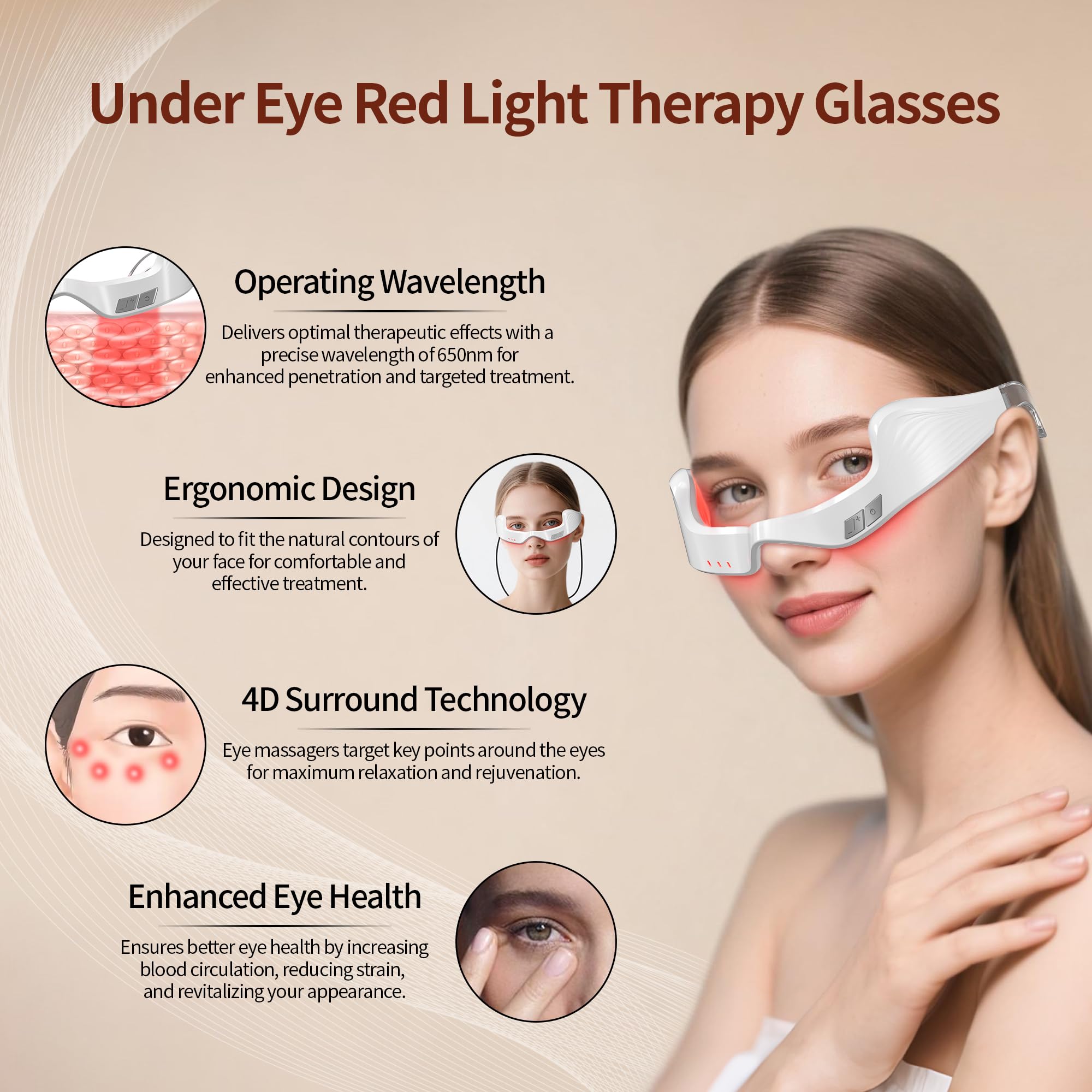 Lunettes Queleay portées sur le visage avec lumière ciblée autour des yeux.