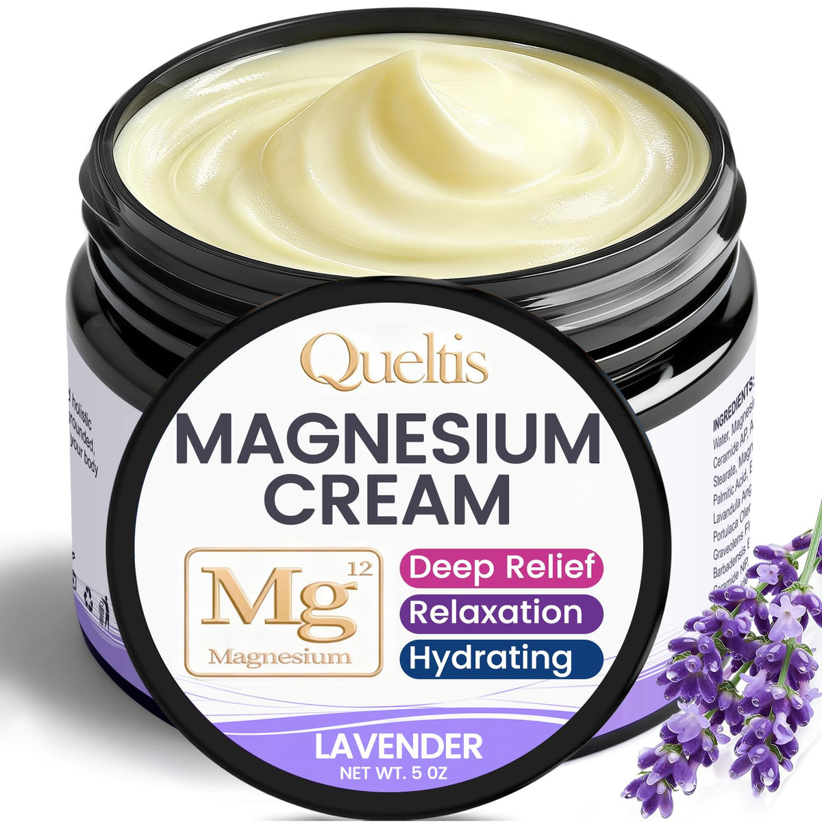 QUELTIS crème magnésium lavande — flacon, absorption rapide pour muscles après l'effort.
