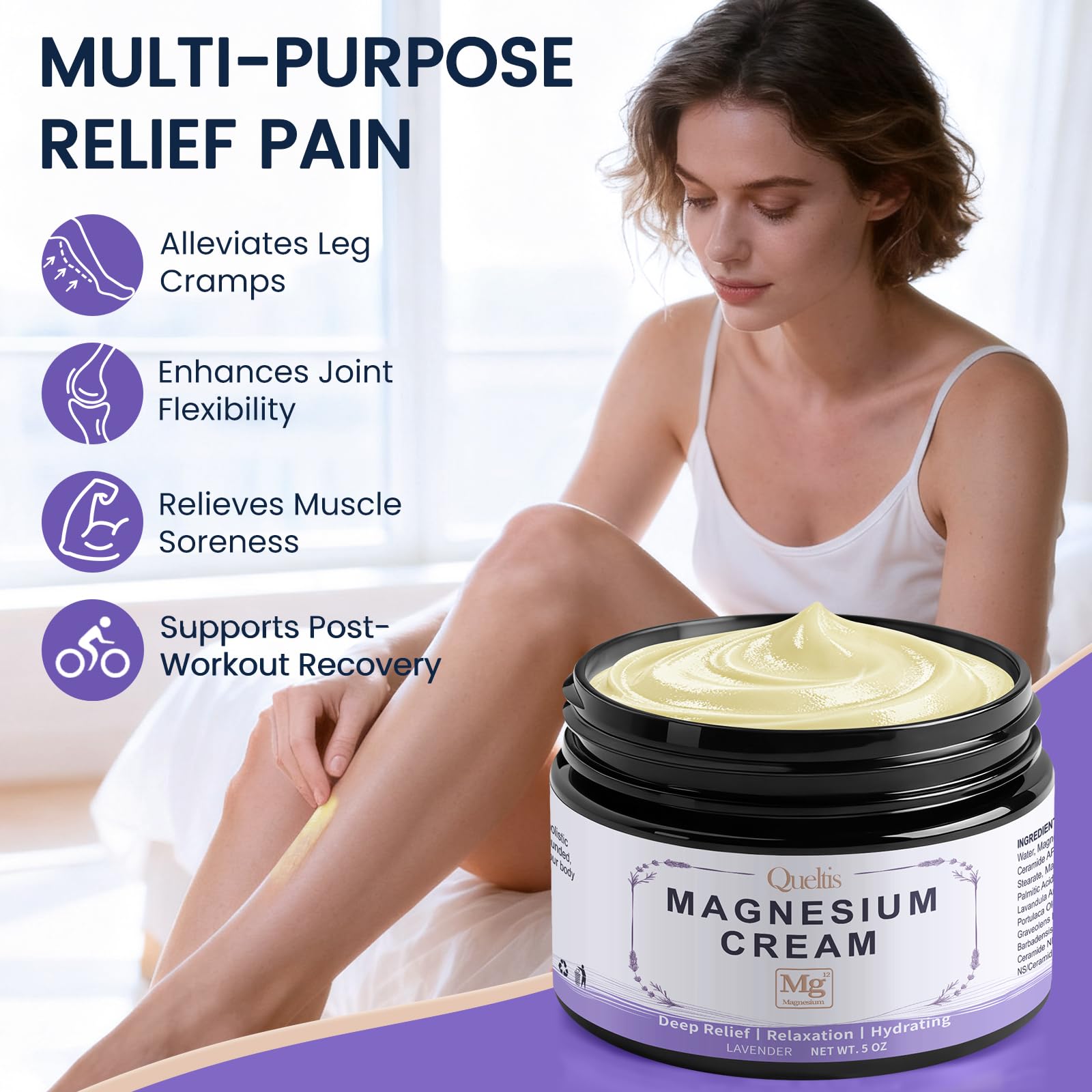 QUELTIS crème magnésium lavande — ingrédients naturels, sans parabènes, douceur pour la peau.