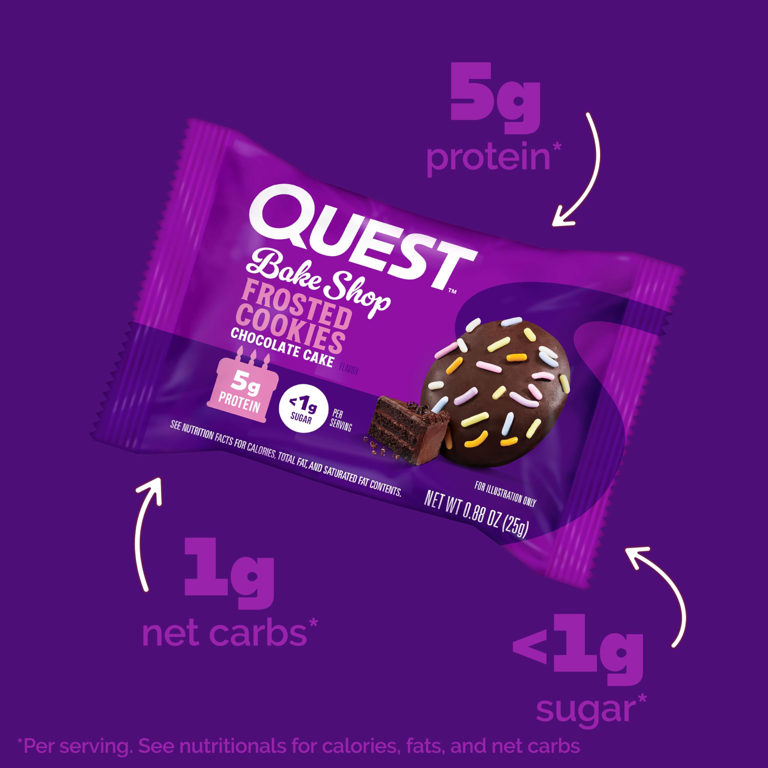 Glaçage chocolaté et couleur vive des biscuits Quest, plaisir gourmand rapide.