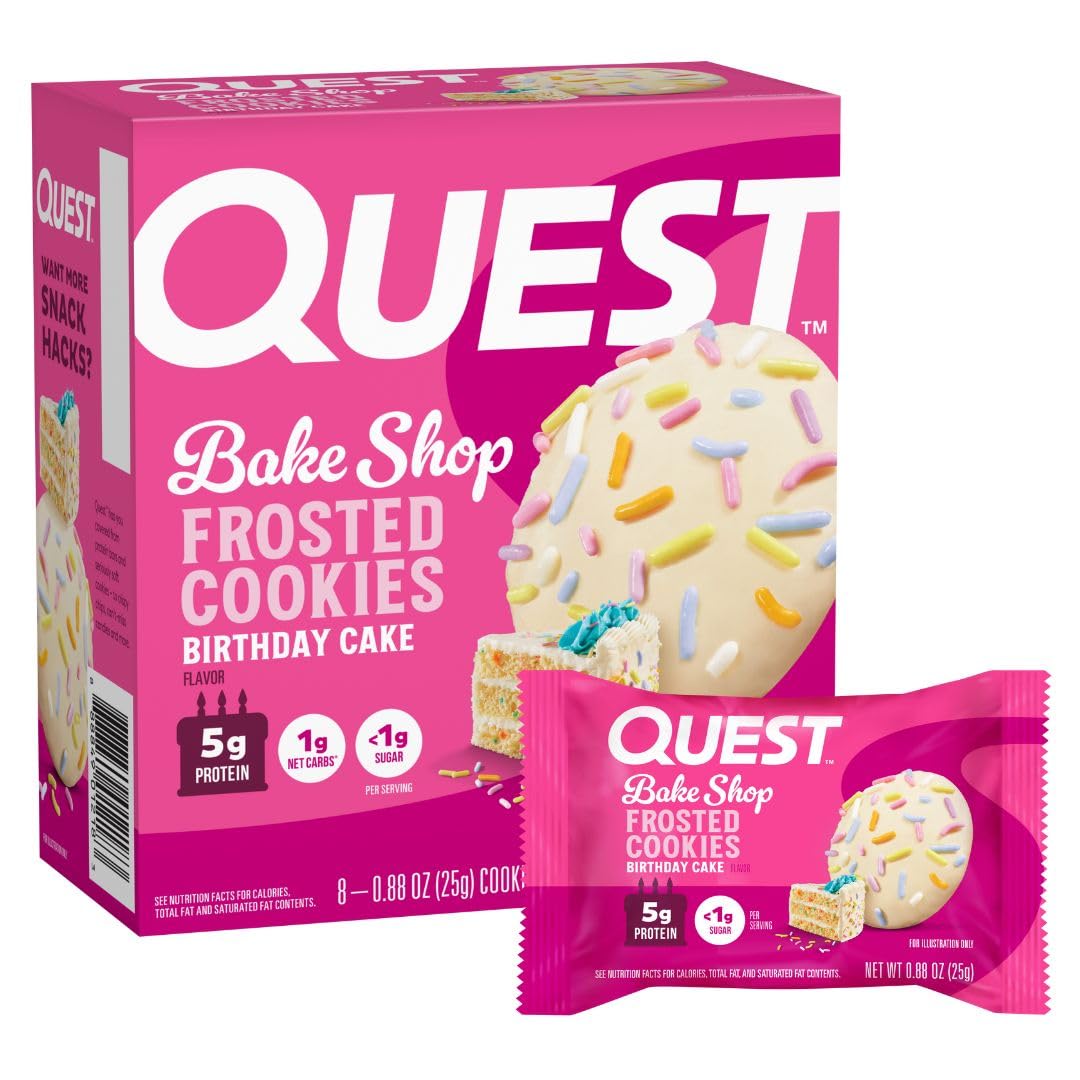 Quest biscuits-protéine gateau-anniversaire glacage, collation gourmande