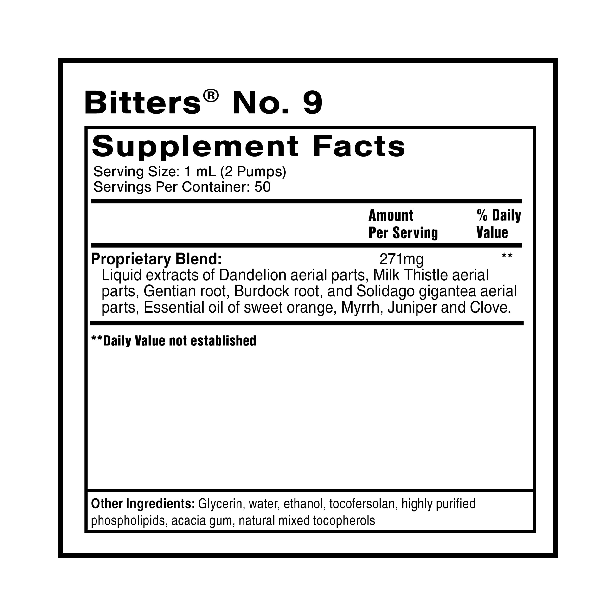 Étiquette Bitters No. 9 de Quicksilver Scientific, lisible et moderne
