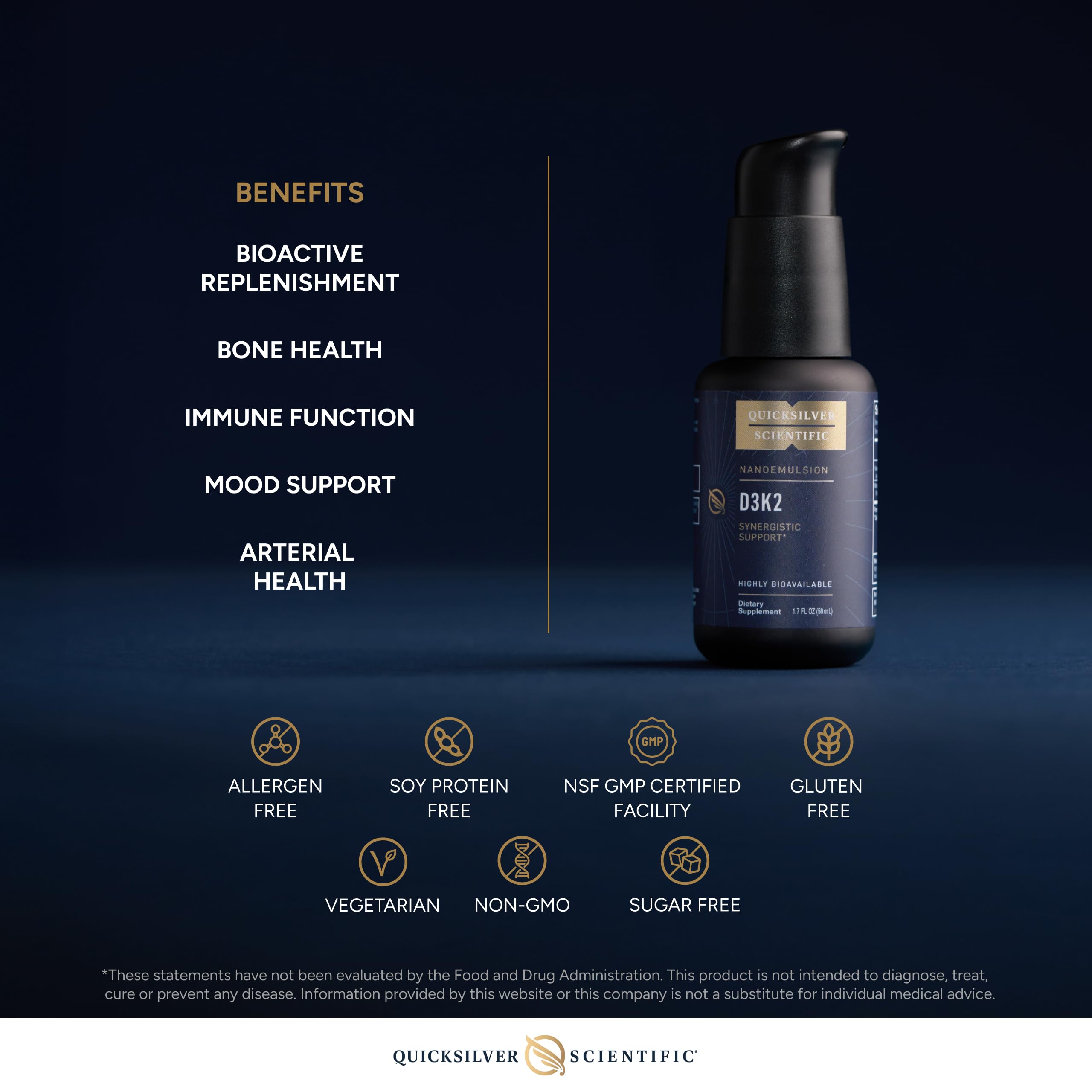 Quicksilver Scientific bouteille transparente D3K2, présentation claire.