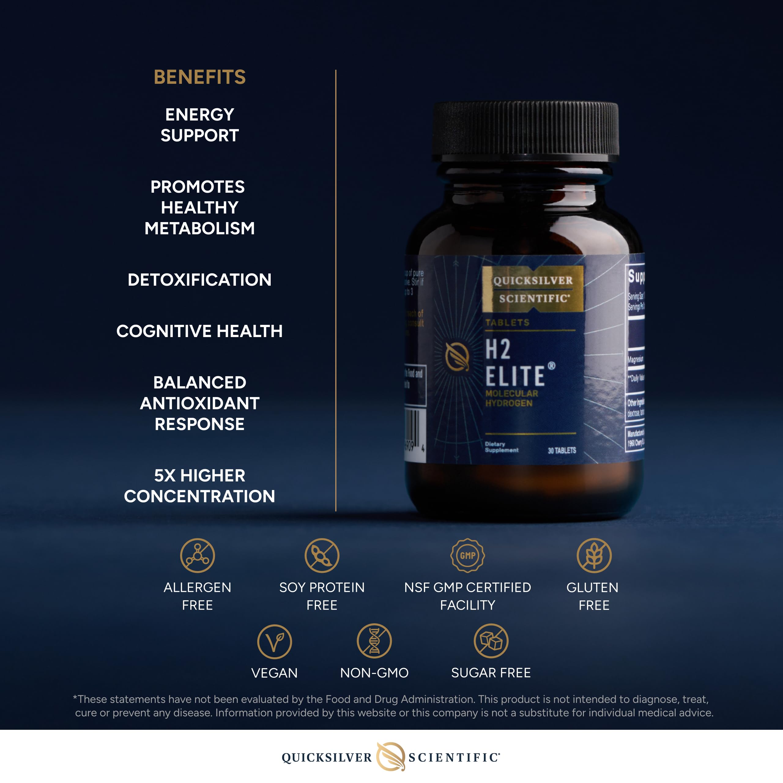 Quicksilver Scientific H2 Elite boîtes de tablettes et flacon pour dosage