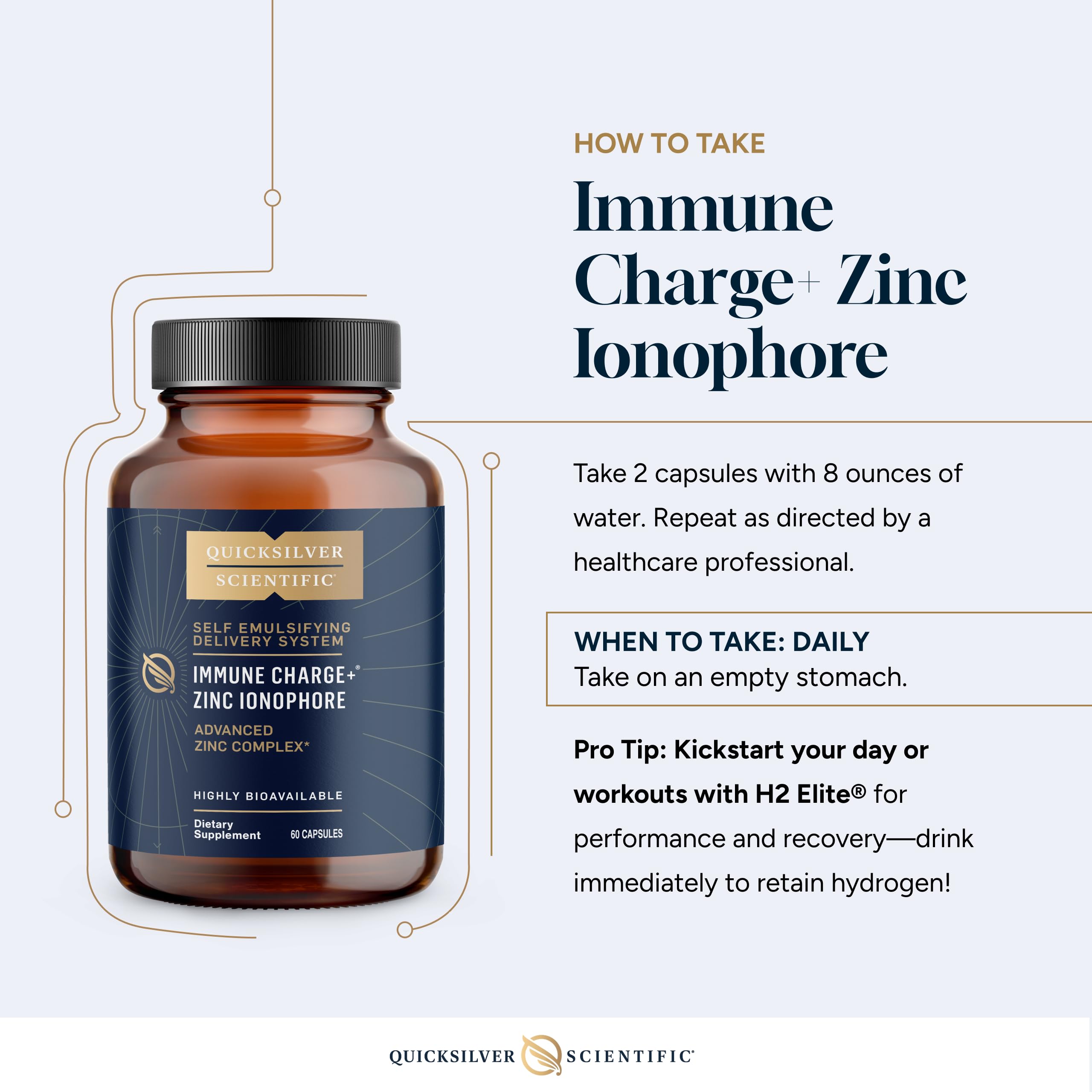 Emballage Quicksilver Immune Charge+ met en valeur dosage et informations produit.