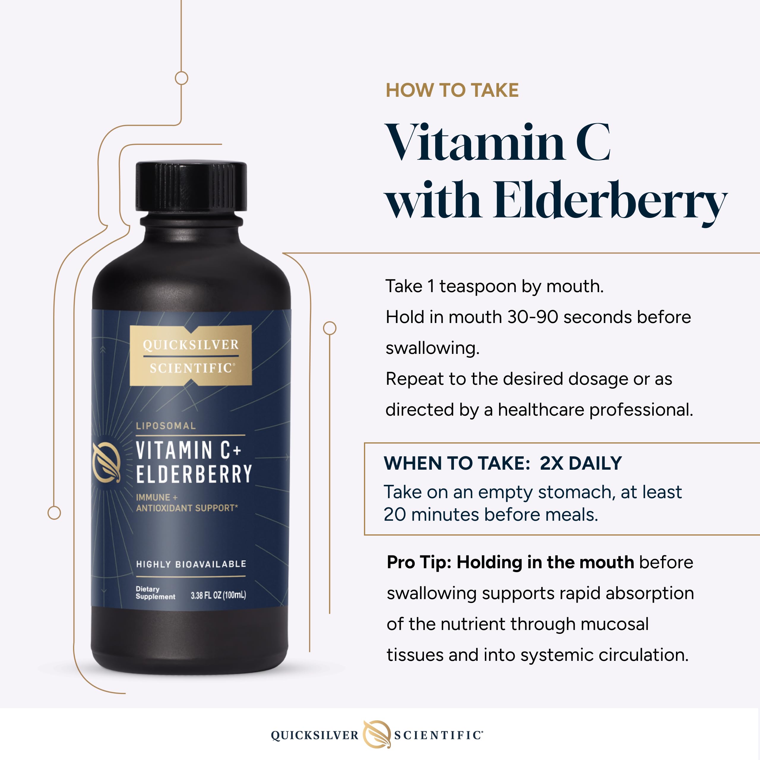 Quicksilver Scientific Liposomal Vitamin C + Sureau Noir – emballage élégant et informations nutritionnelles