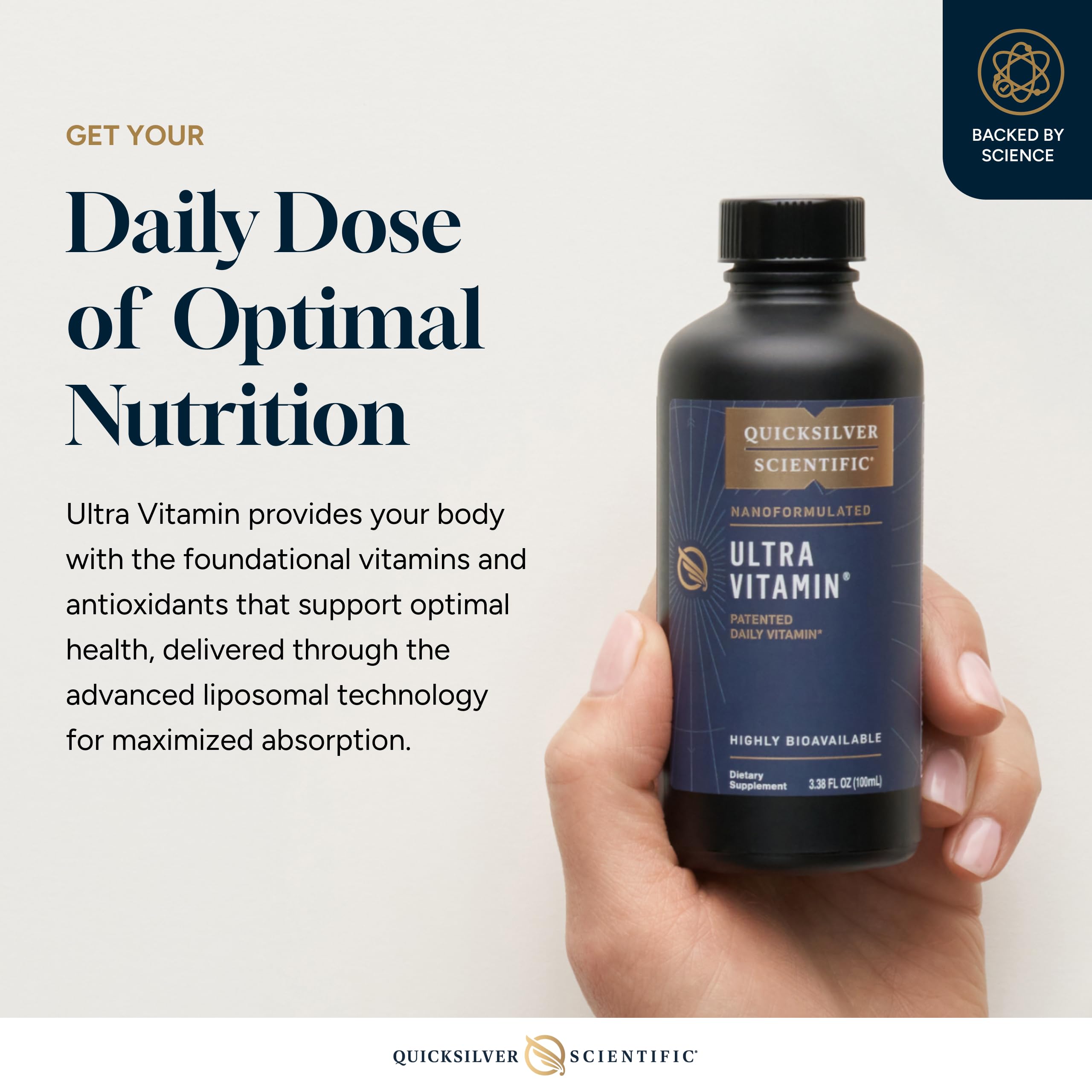 Quicksilver Scientific Liposomale Ultra Vitamine – étiquette claire, nutriments complets pour l'énergie.