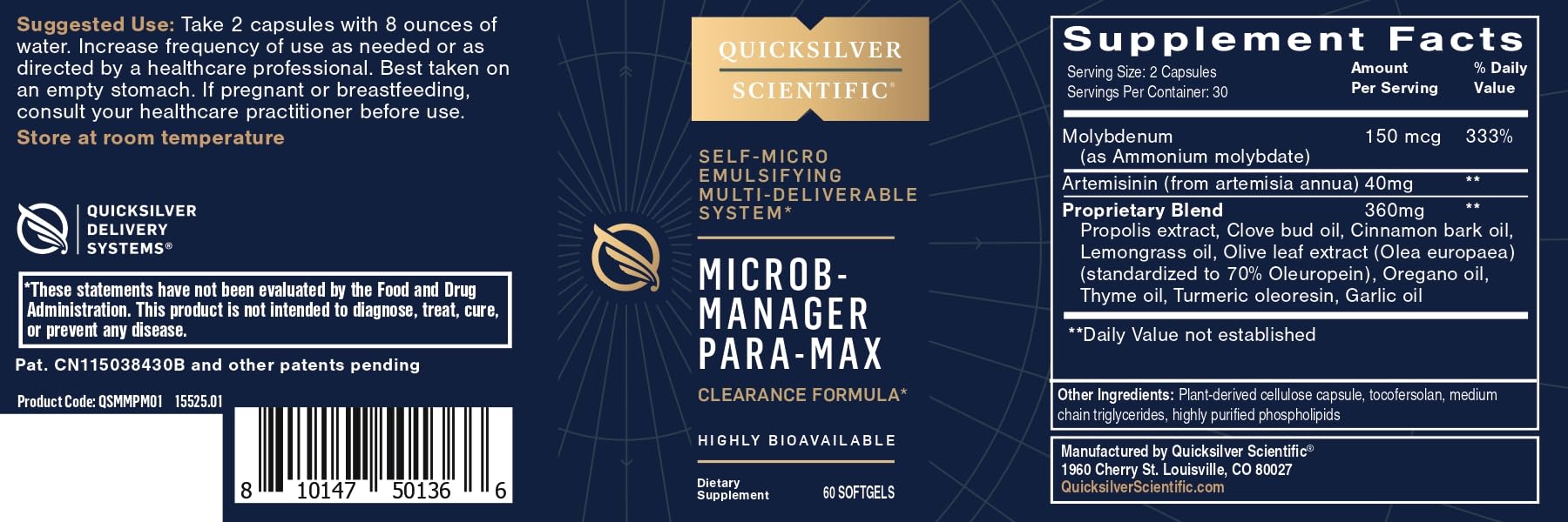 Quicksilver Microb-Manager Para-Max, étiquette illustrant les conseils d'utilisation et avantages.