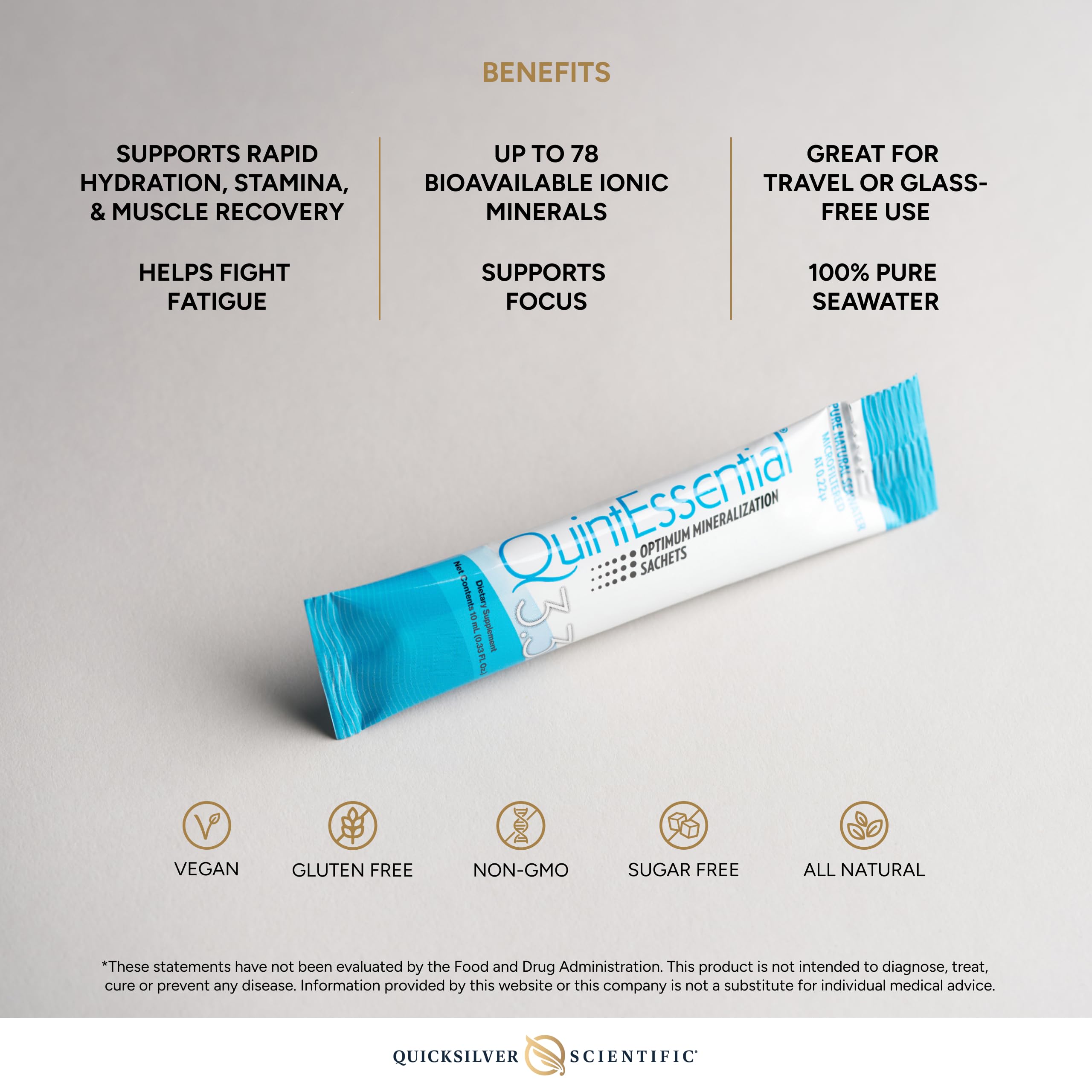 Quicksilver Scientific QuintEssential 3.3 – solution marine filtrée idéale pour voyage et entraînement.