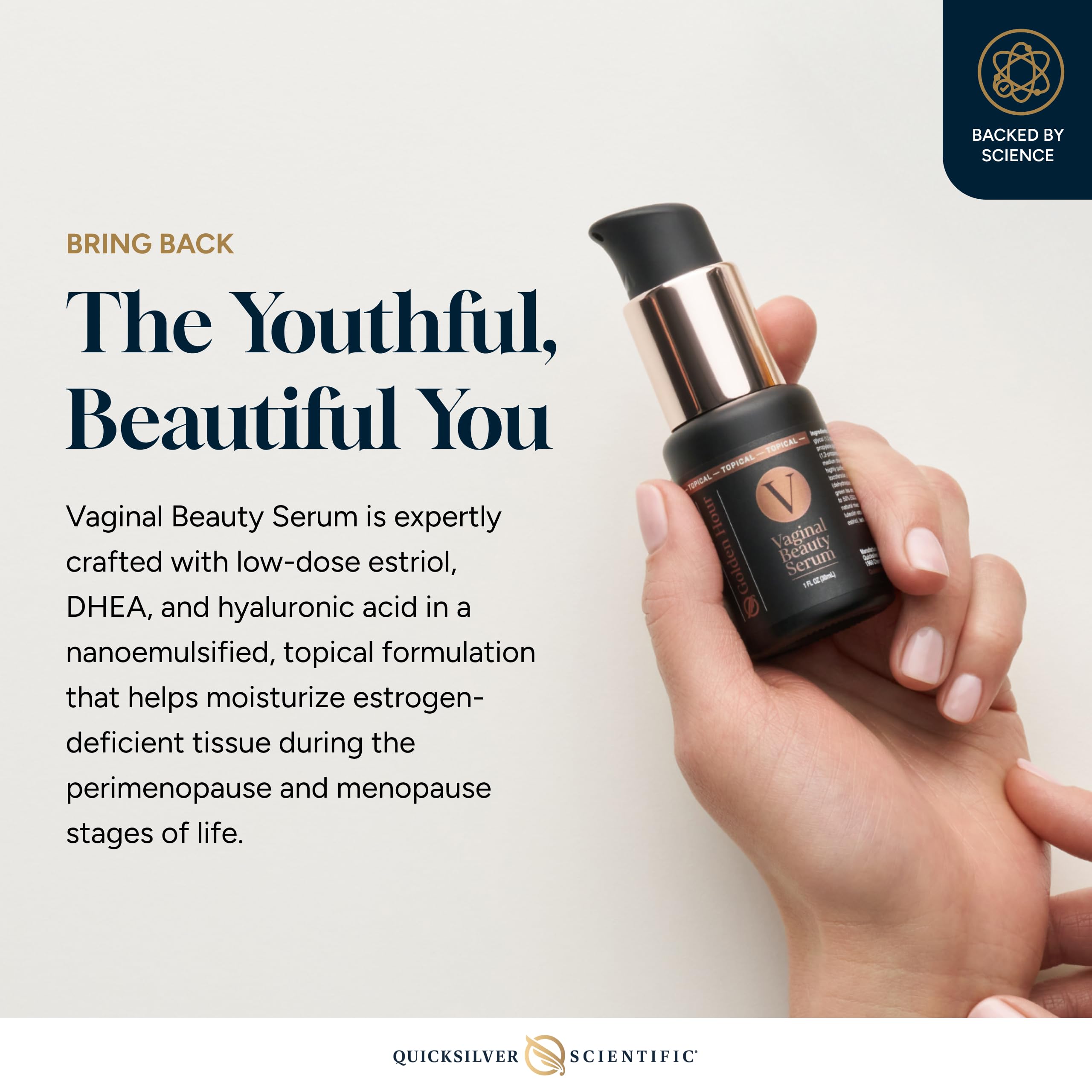 Quicksilver Scientific Sérum Beauté Vaginale, texture nanoémulsion visible, absorption douce.