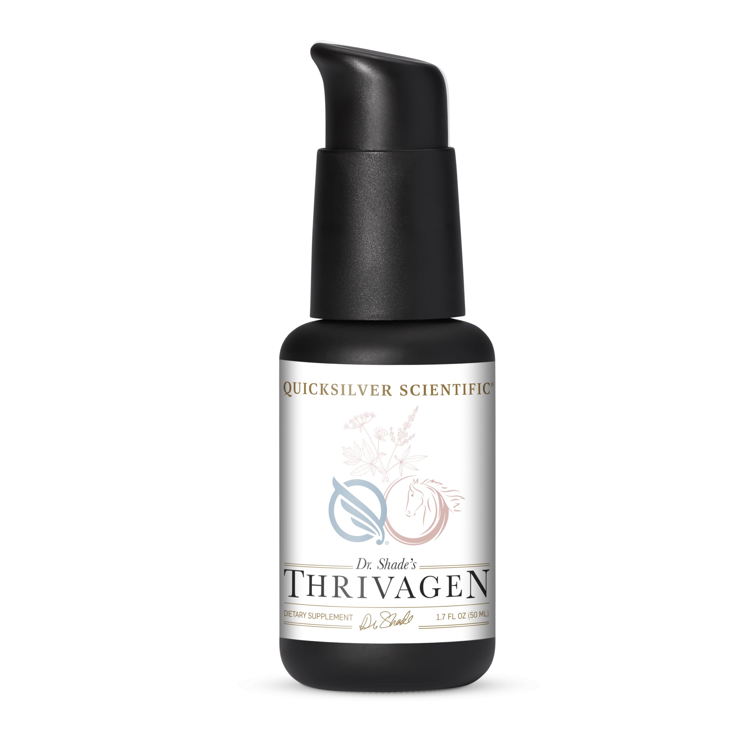 Thrivagen de Quicksilver Scientific: bouteille élégante soutient énergie et équilibre hormonal.