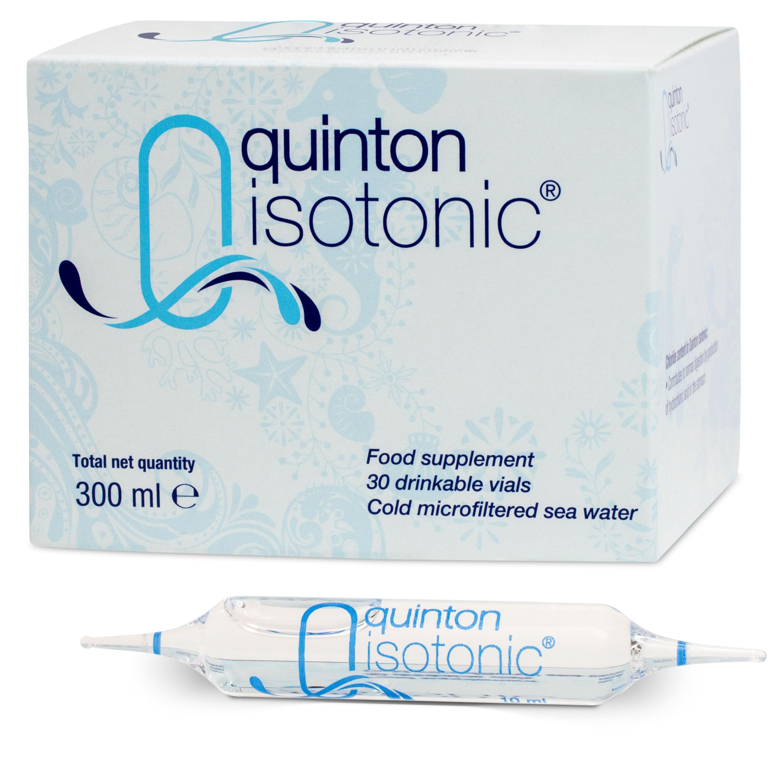 Quinton ampoules isotonique, gros plan sur le flacon, utilisation rapide et portable.